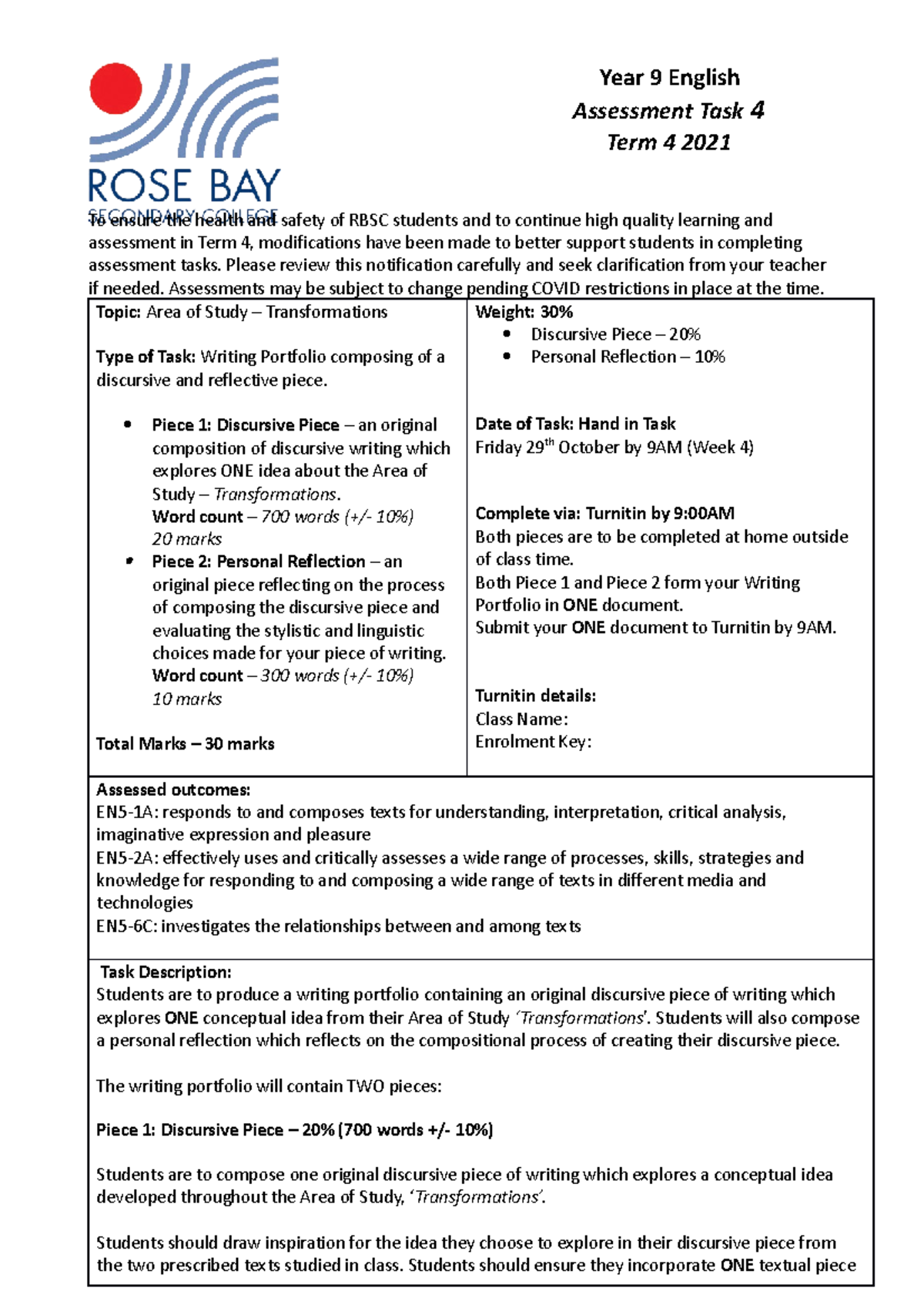 Year 9 Transformations Notification (Task 4) 2021 - Year 9 English ...