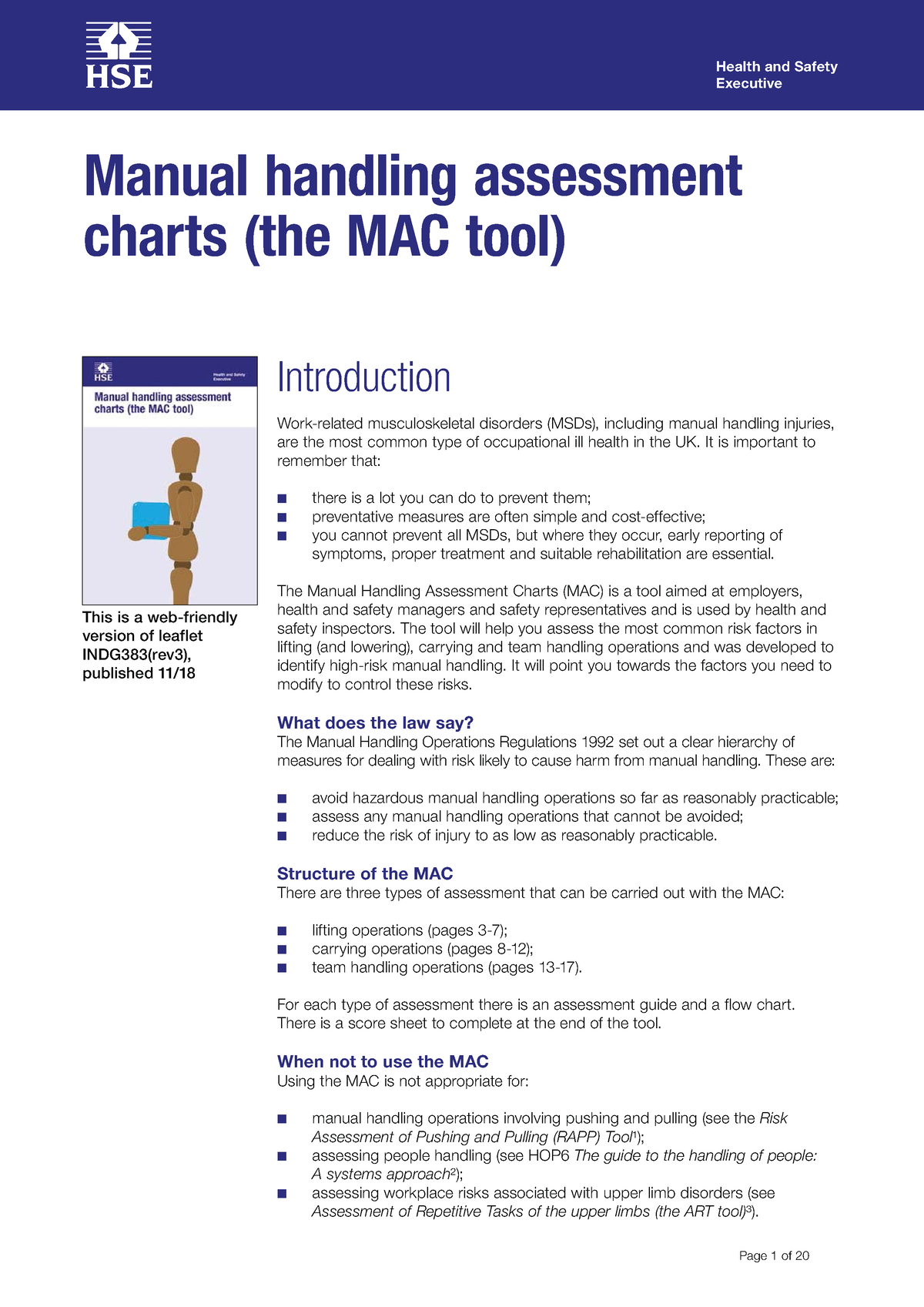 Manual Handling Assessment Charts The Mac Tool3 Health And Safety Executive Health And 5768