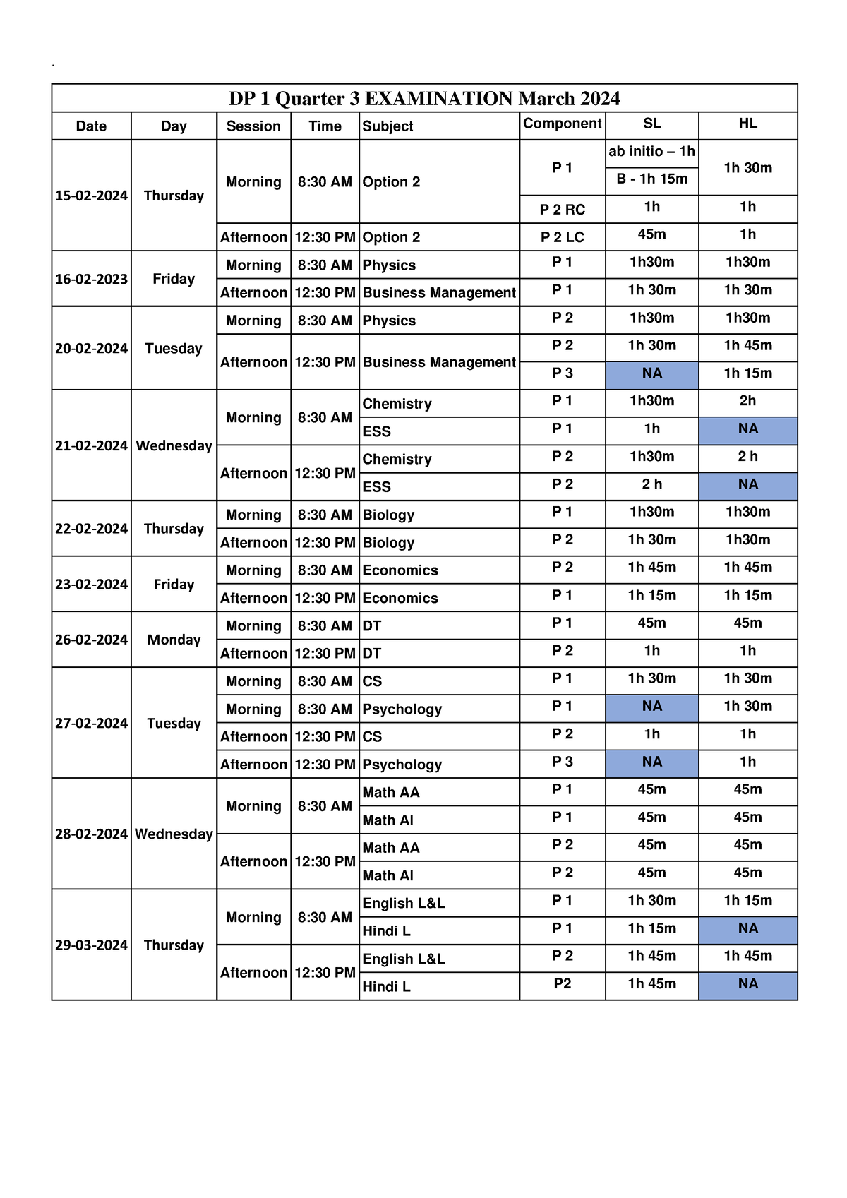 Time Table DP 1 3rd Quarterly Examination . DP 1 Quarter 3