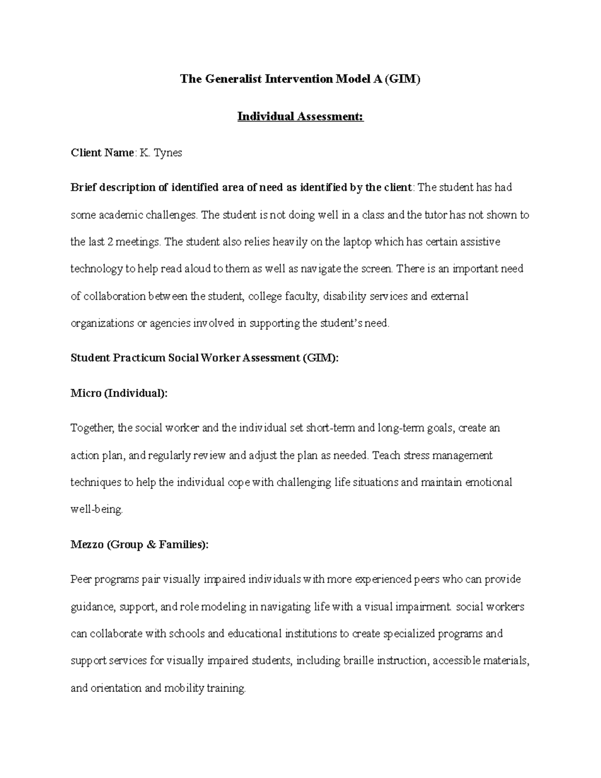Individual and family assessment - The Generalist Intervention Model A ...