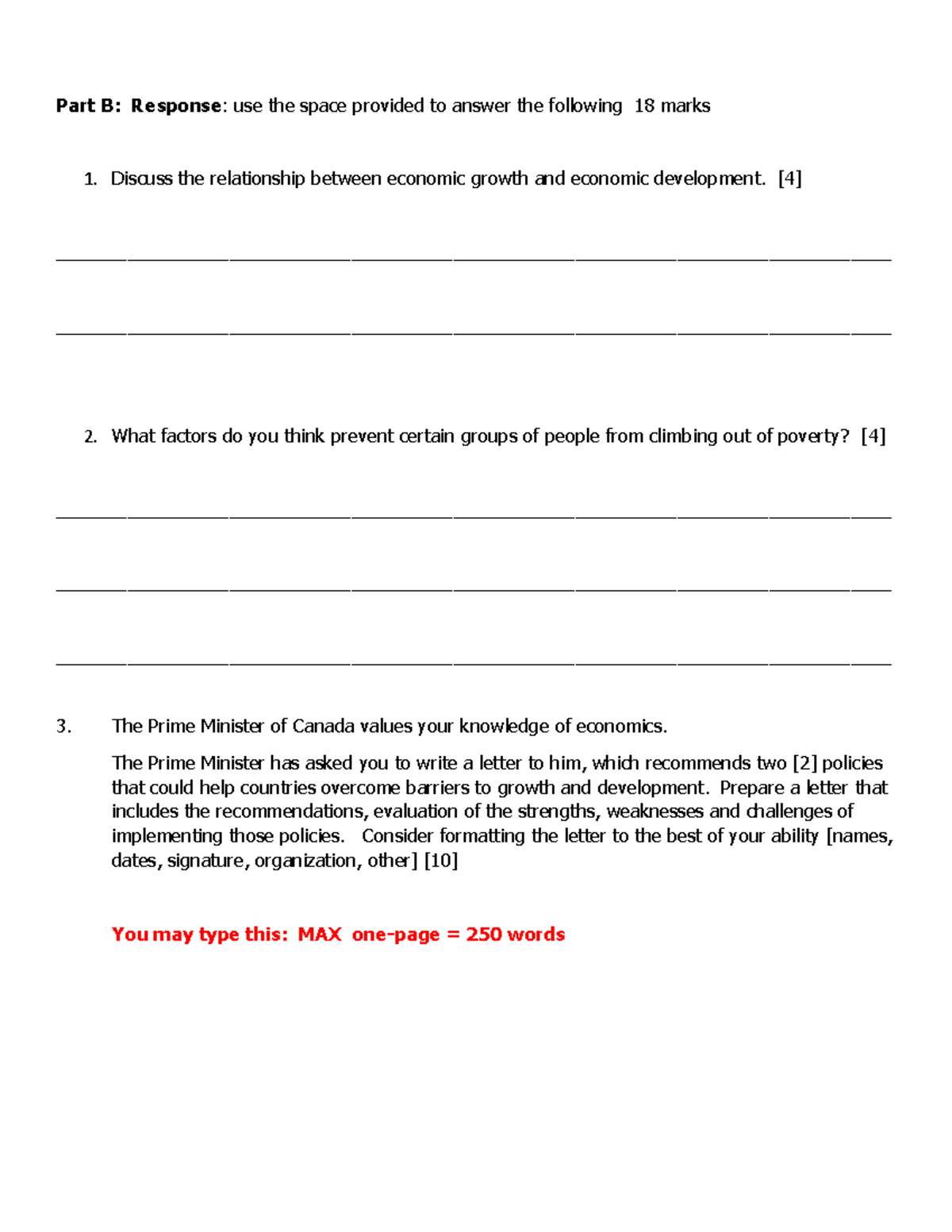 Test 3. Part B - Economics - Part B: Response: Use The Space Provided ...