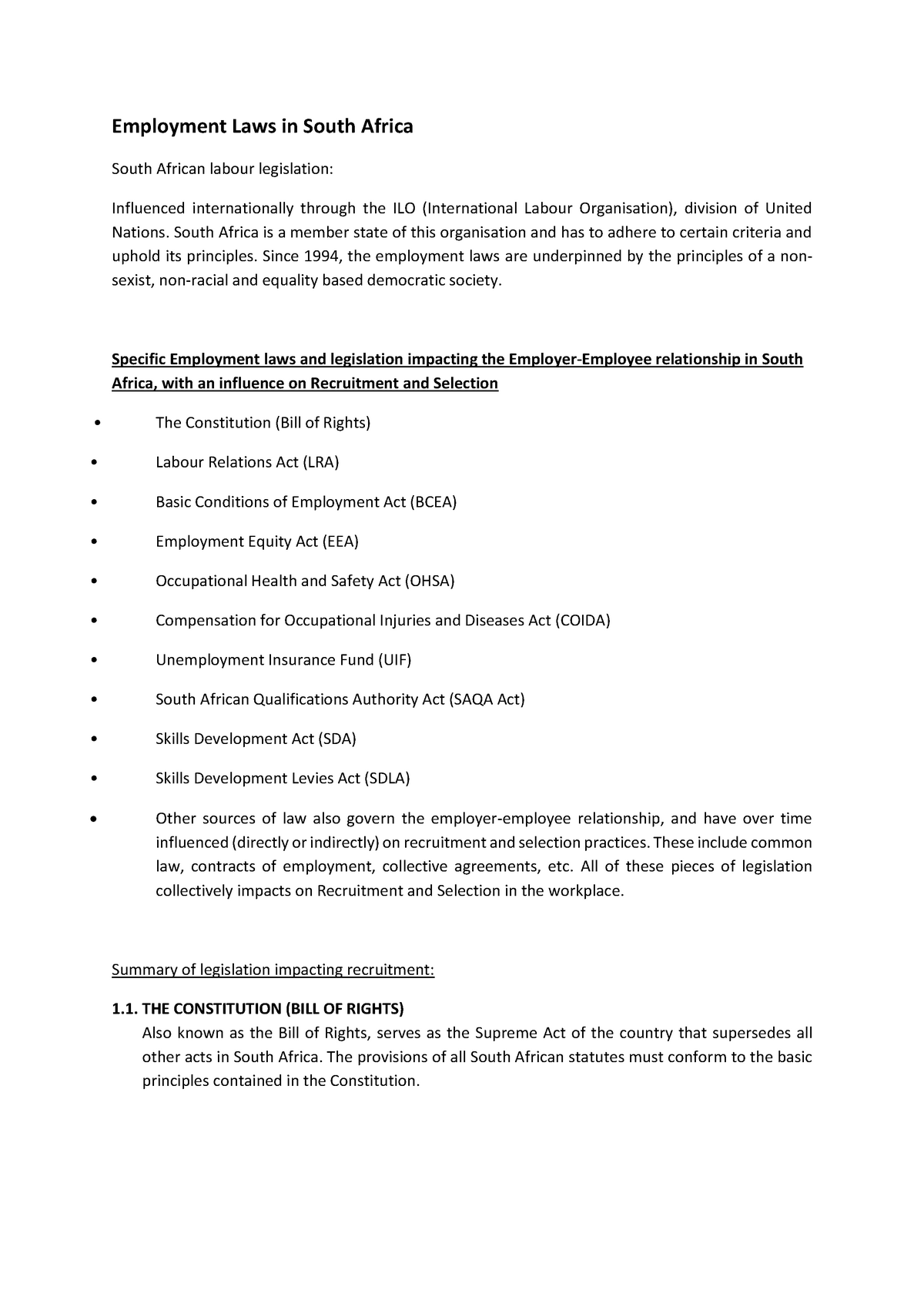 What Is The Main Employment Legislation In South Africa