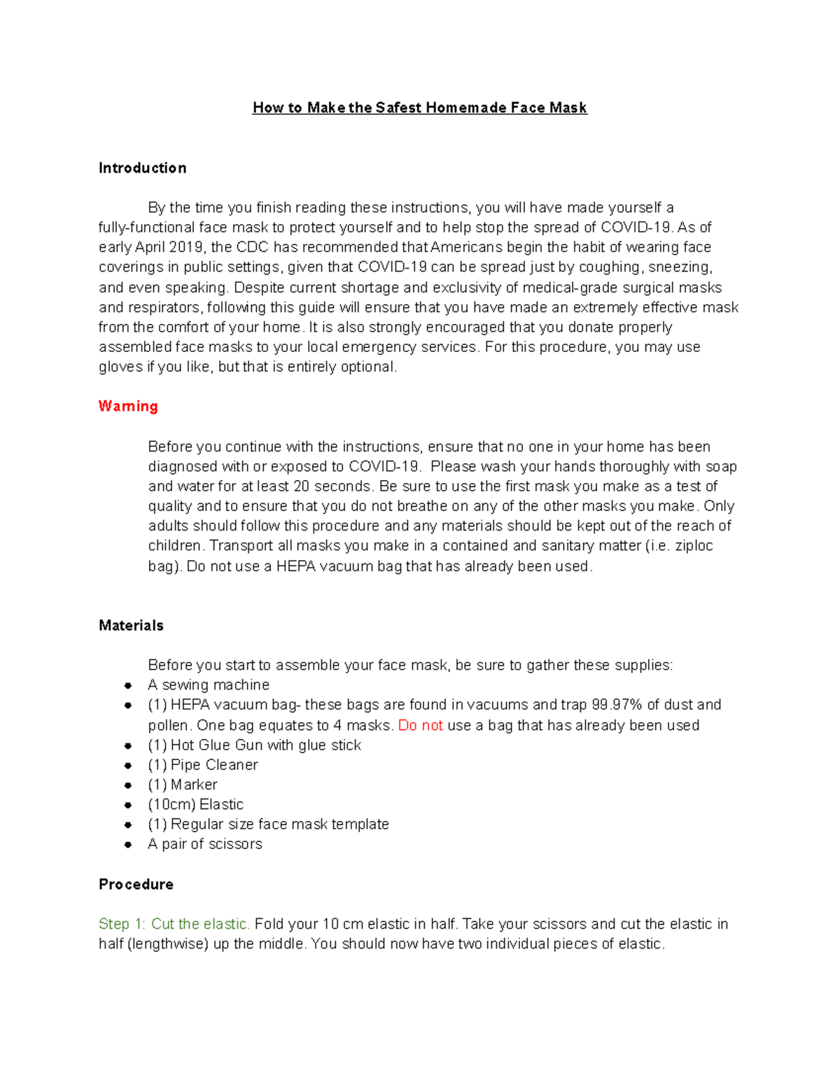 Instruction Set (example) Grade A How To Make a COVID19 Safe Face