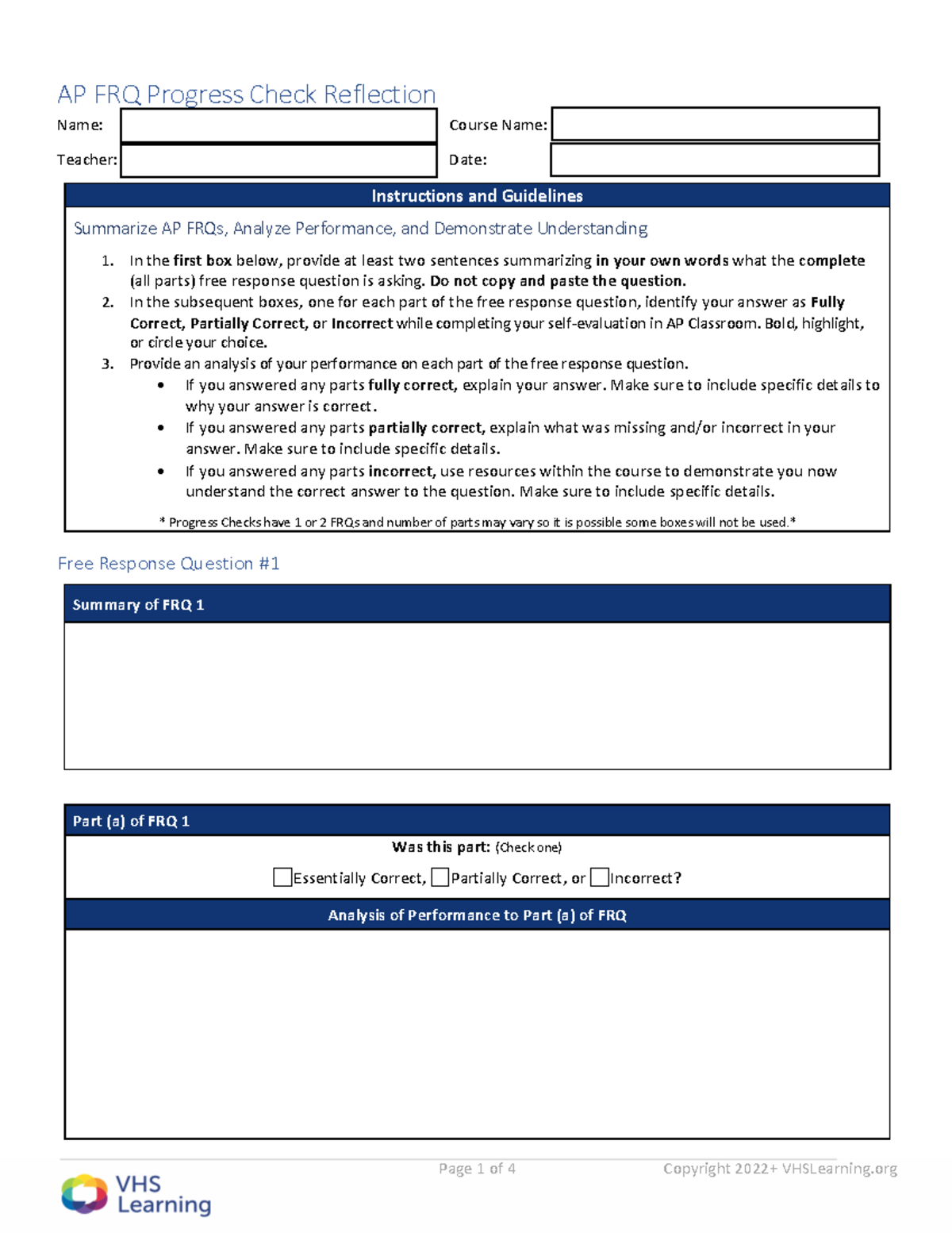 Ap-csa-frq-progress-check-reflection 19-06 - Name: Course Name: Teacher ...