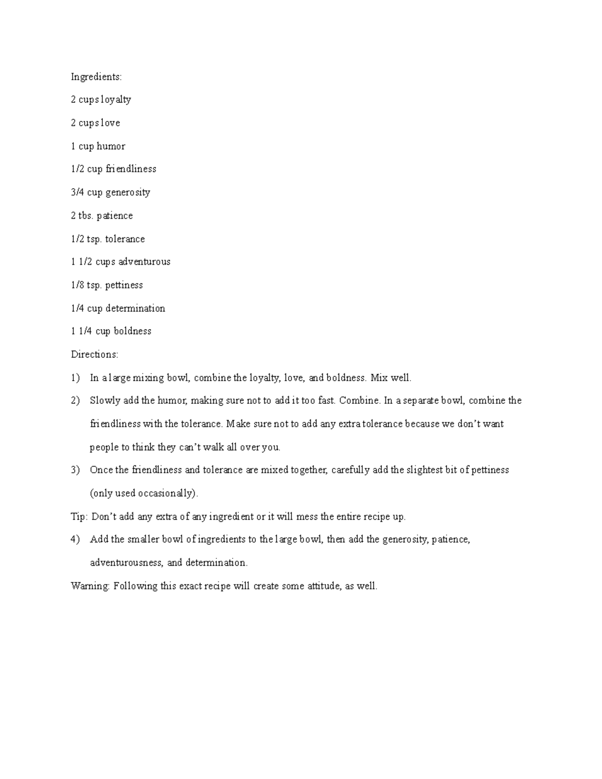 12) Symbolic Recipe - Hw Assignment - Ingredients: 2 Cups Loyalty 2 