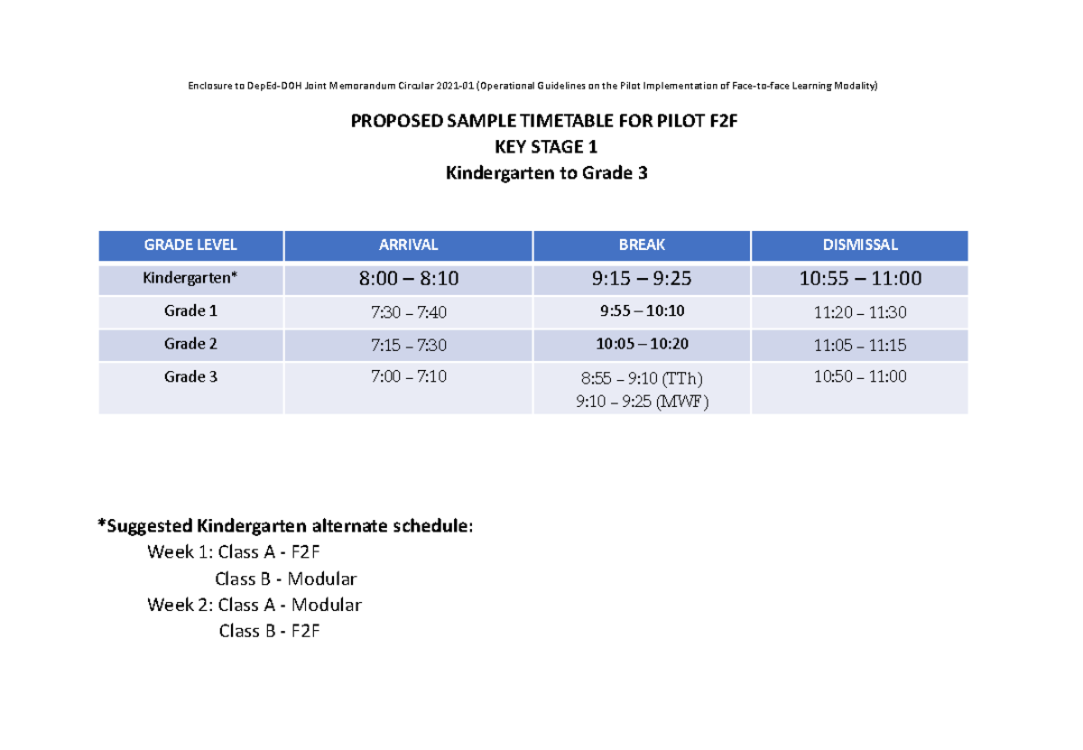 Annex F Sample Class Schedules Merged 09 24 21 Proposed Sample Timetable For Pilot F2f Key