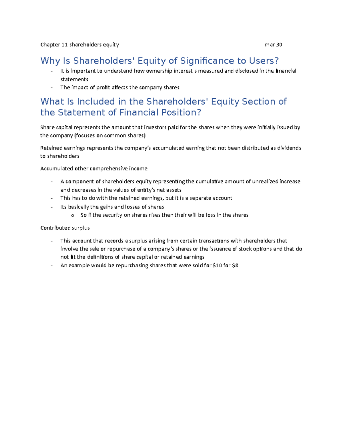 Chapter 11 Shareholders Equity Mar 30 Chapter 11 Shareholders Equity
