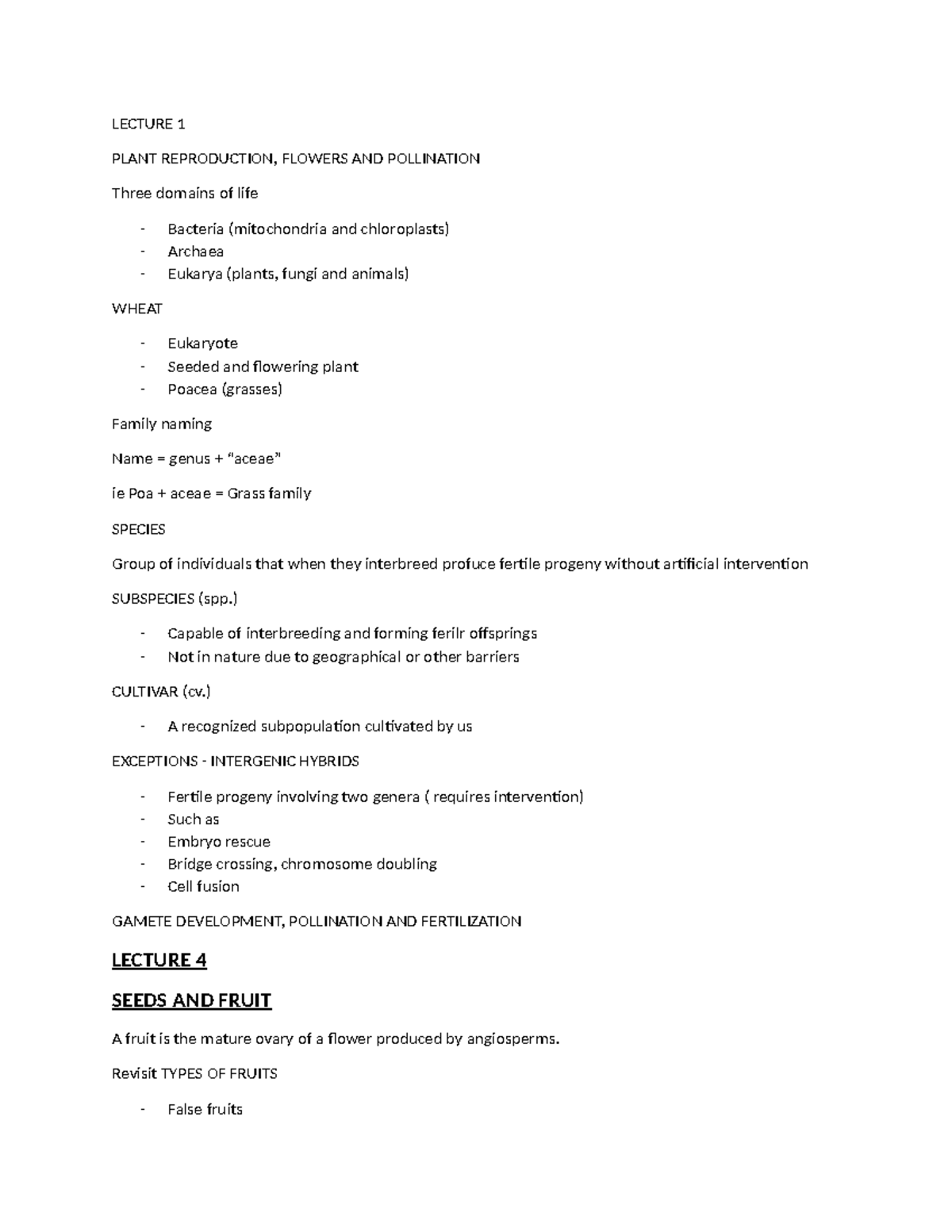 BIOL 1050 - Lecture 1 Notes Prof K. - LECTURE 1 PLANT REPRODUCTION ...