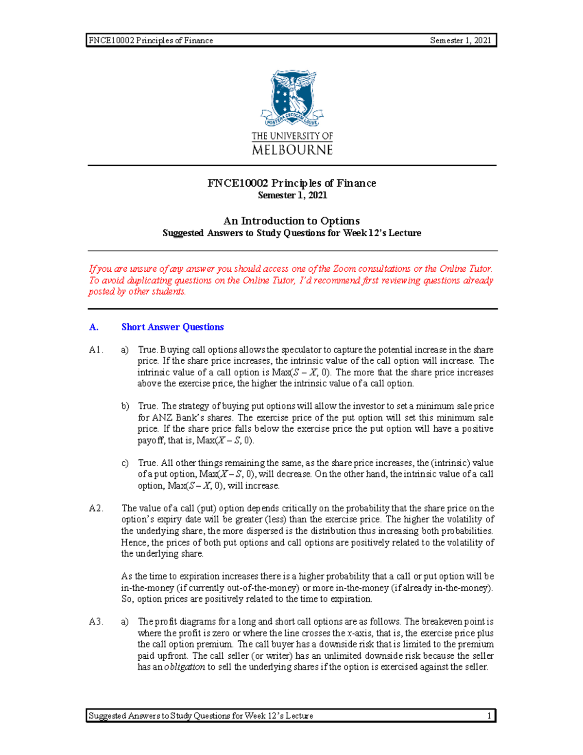 Tutorial 12 suggested answers for principles of finance - options 2021 ...