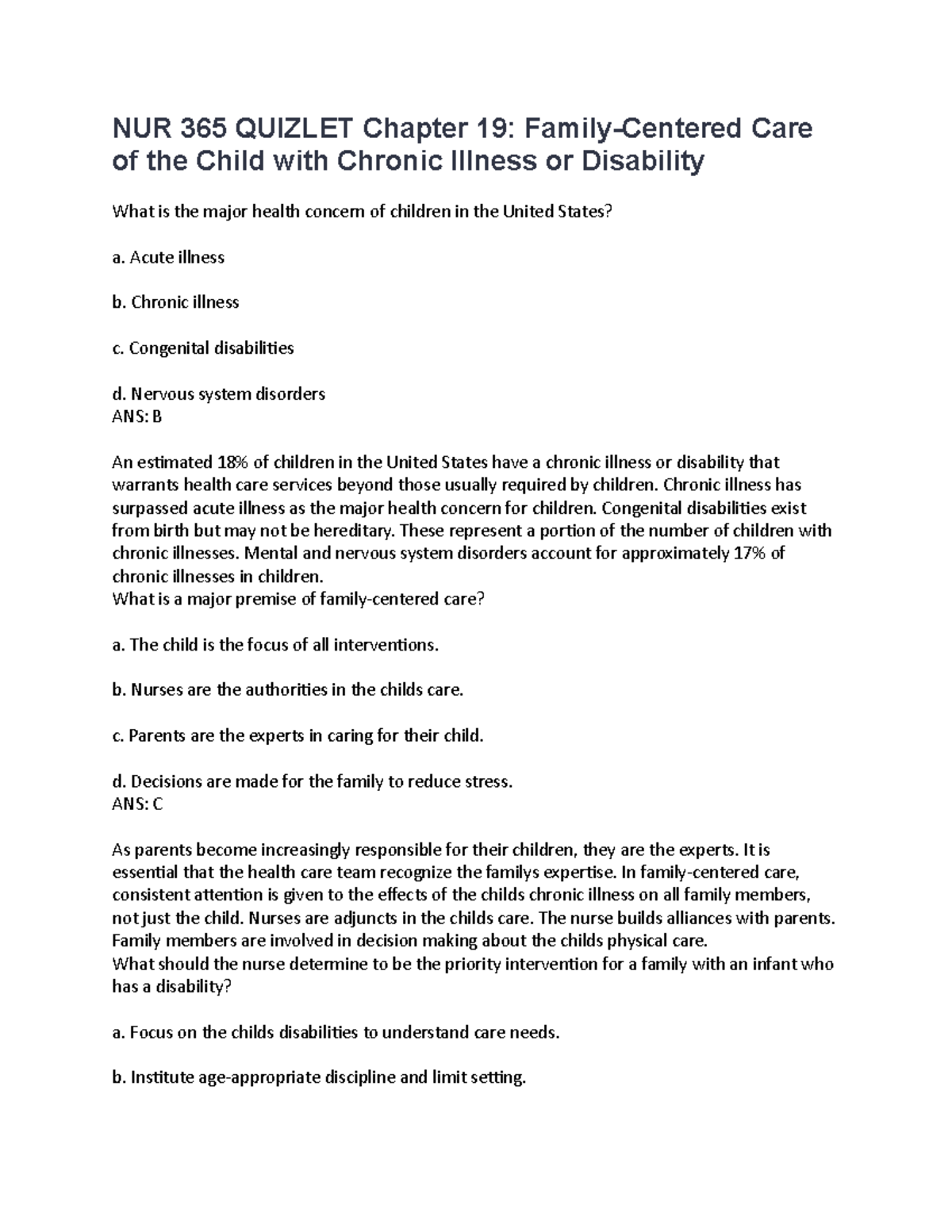 NUR 365 Quizlet Chapter 19 NUR 365 QUIZLET Chapter 19 Family Centered Care Of The Child With 