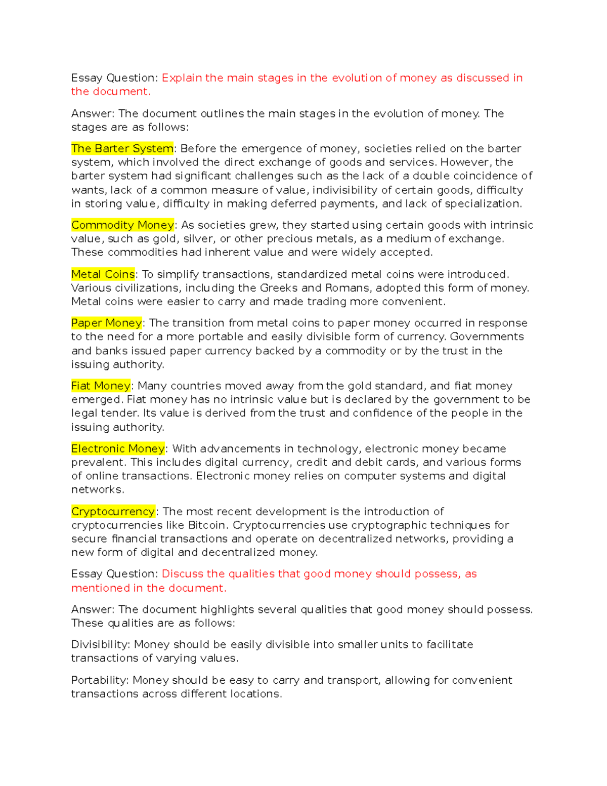 Tutorial 1 money and banking Essay Question Explain the main stages in the evolution of