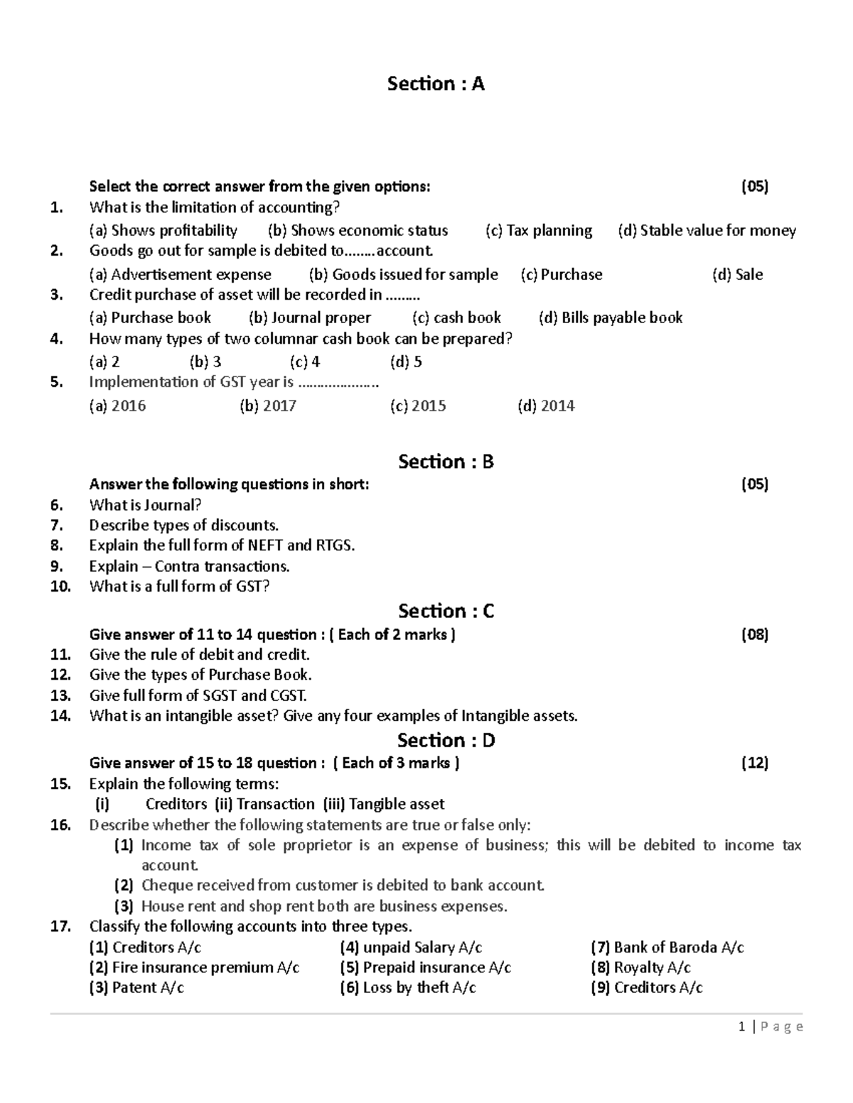 11-Exam-account-paper-first term - Section : A Select the correct ...