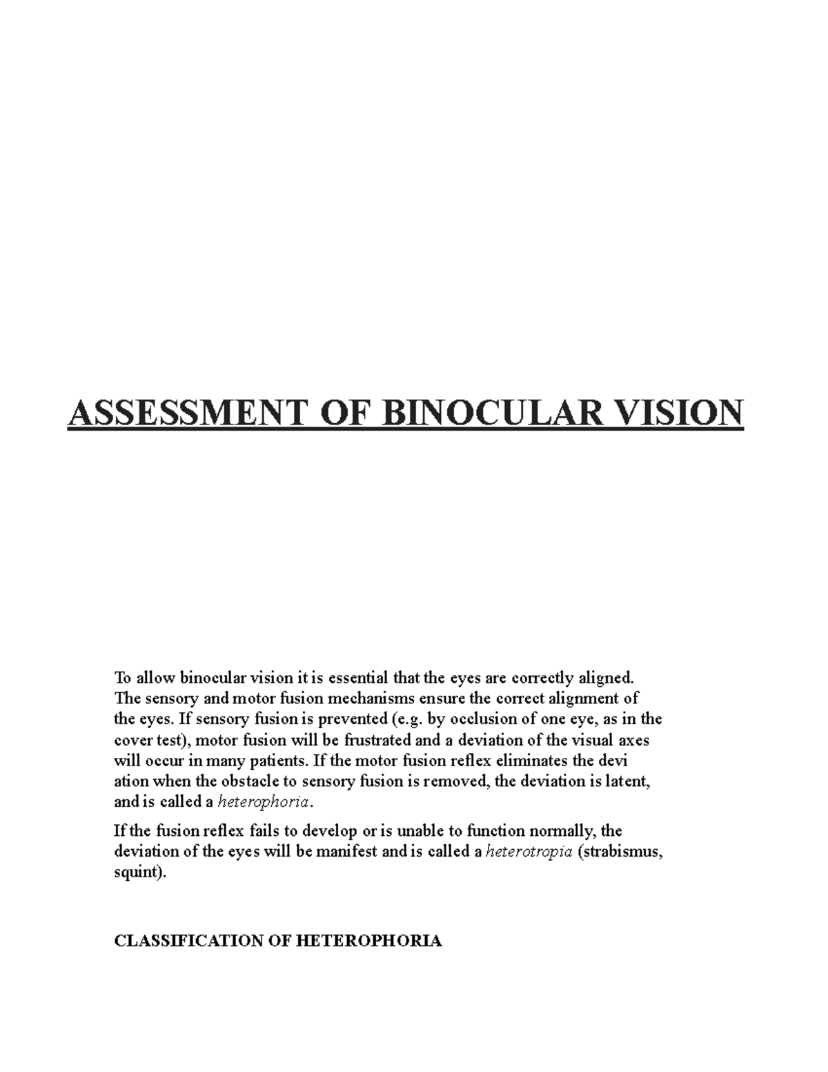 PHYS 000 Lecture notes 1 ASSESSMENT OF BINOCULAR VISION 3 Classification of ocular