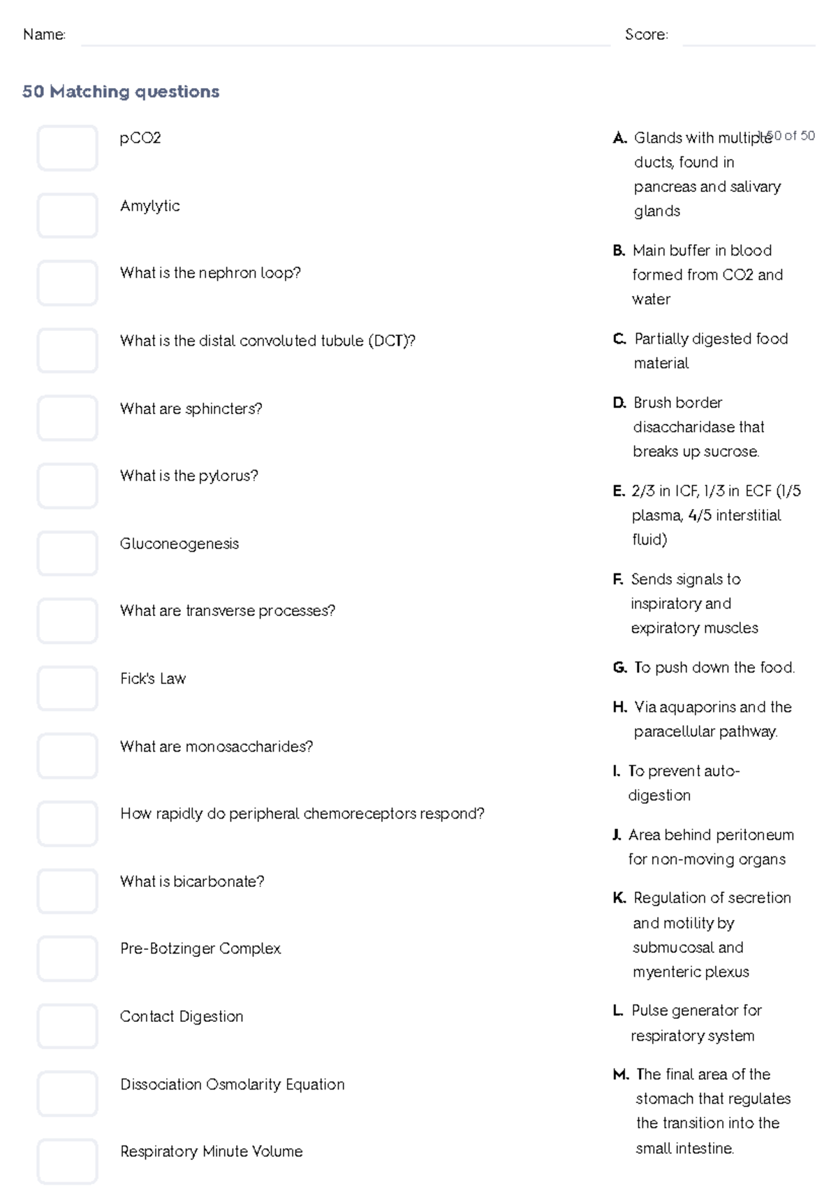 Test HUBS 192 Progress TEST 2 PREP Matching Name Score 50