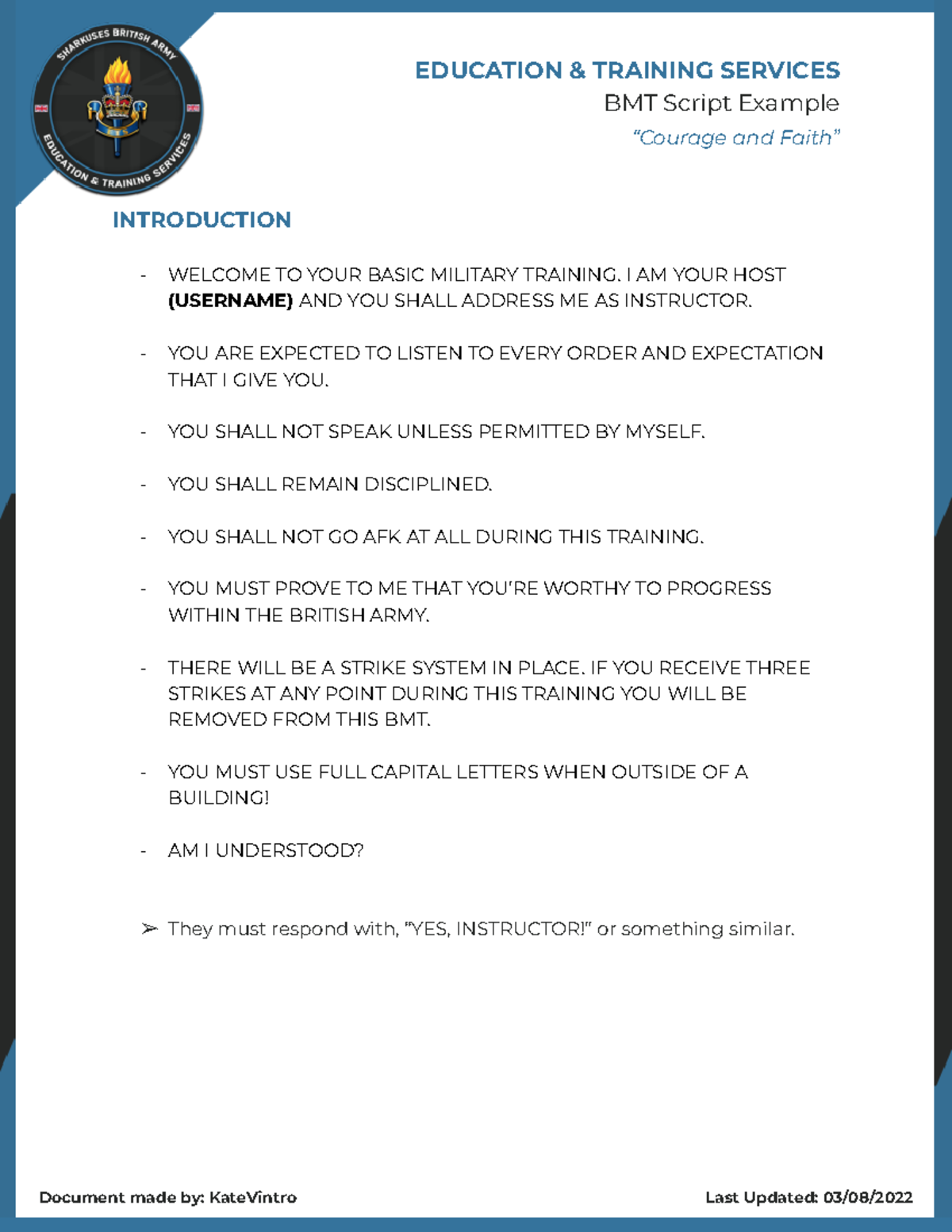 ETS BMT Script Example - BMT Script Example “Courage and Faith ...