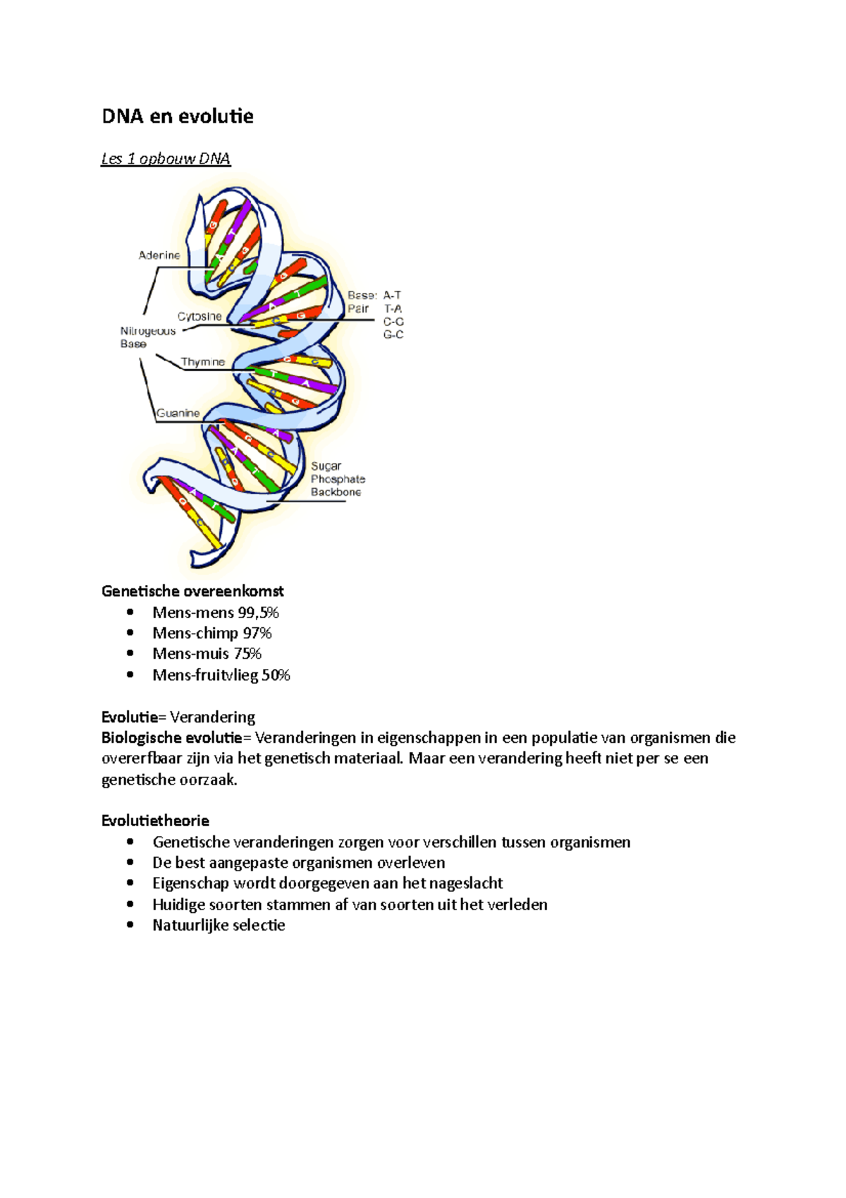 Samenvatting Dna En Evolutie Dna En Opbouw Veranderingen In Eigenschappen In Een Populatie