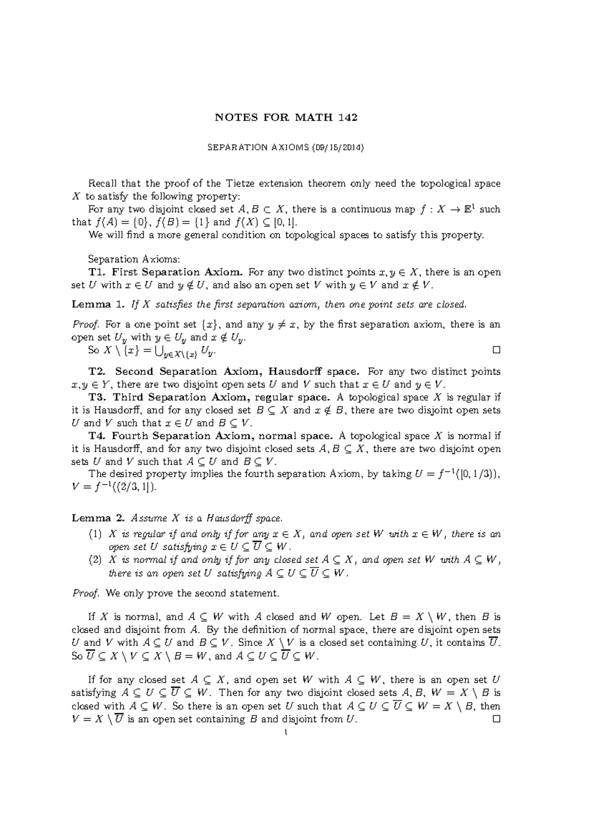 Lecture notes, lecture Separation Axioms - NOTES FOR MATH 142 ...