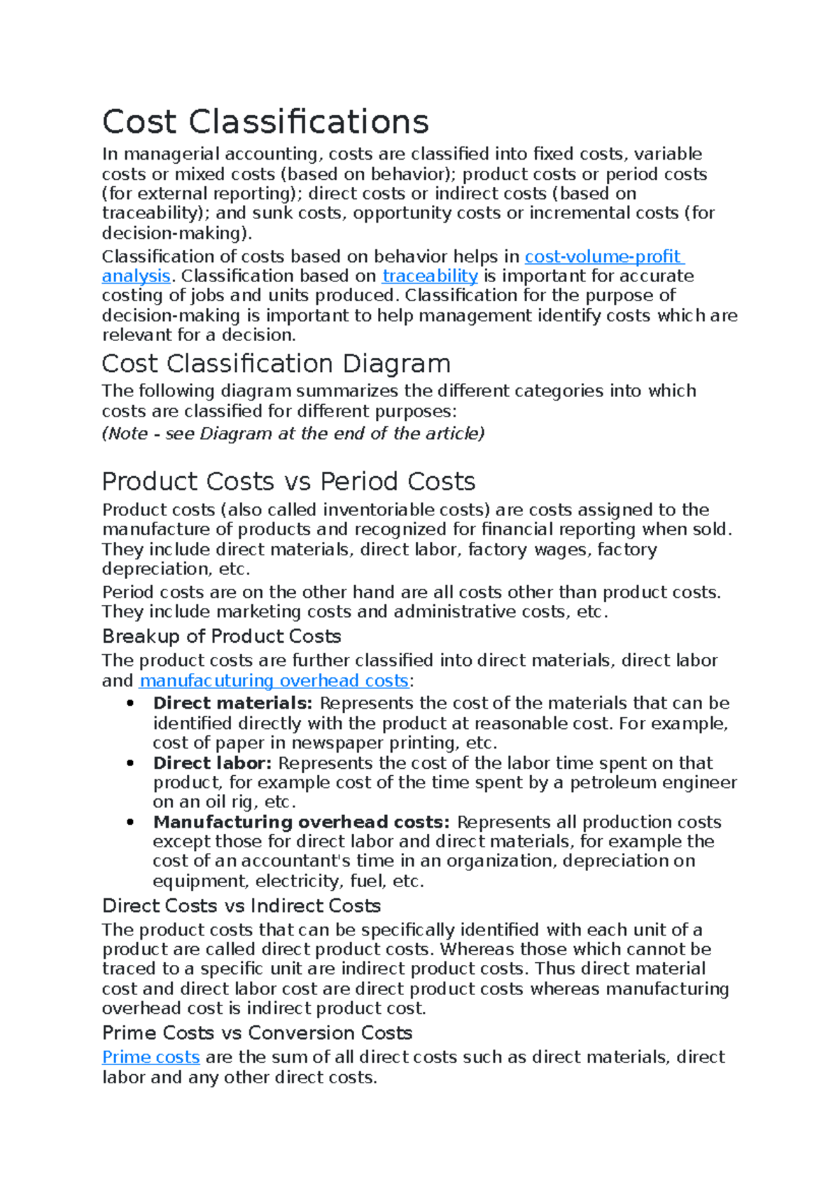 PreReading Cost Classifications Cost Classifications In managerial