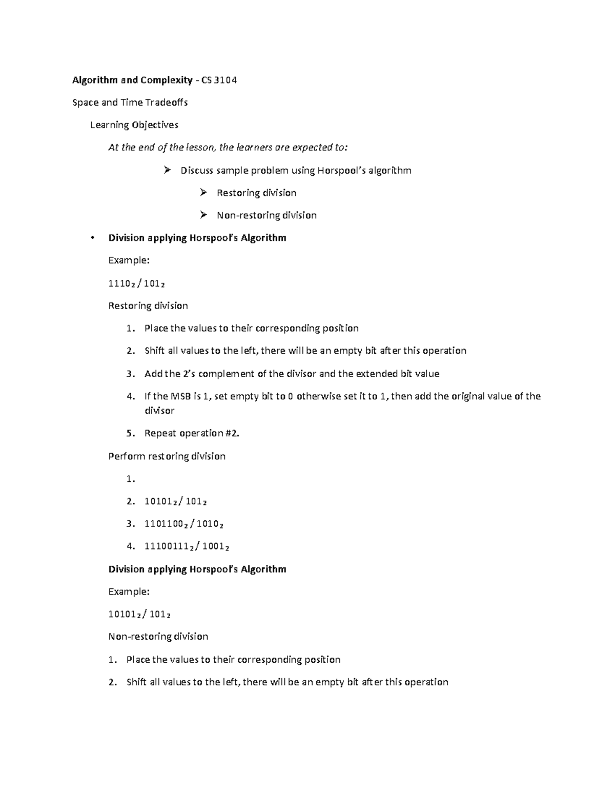 Division Operation - Algorithm and Complexity - CS 3104 Space and Time ...