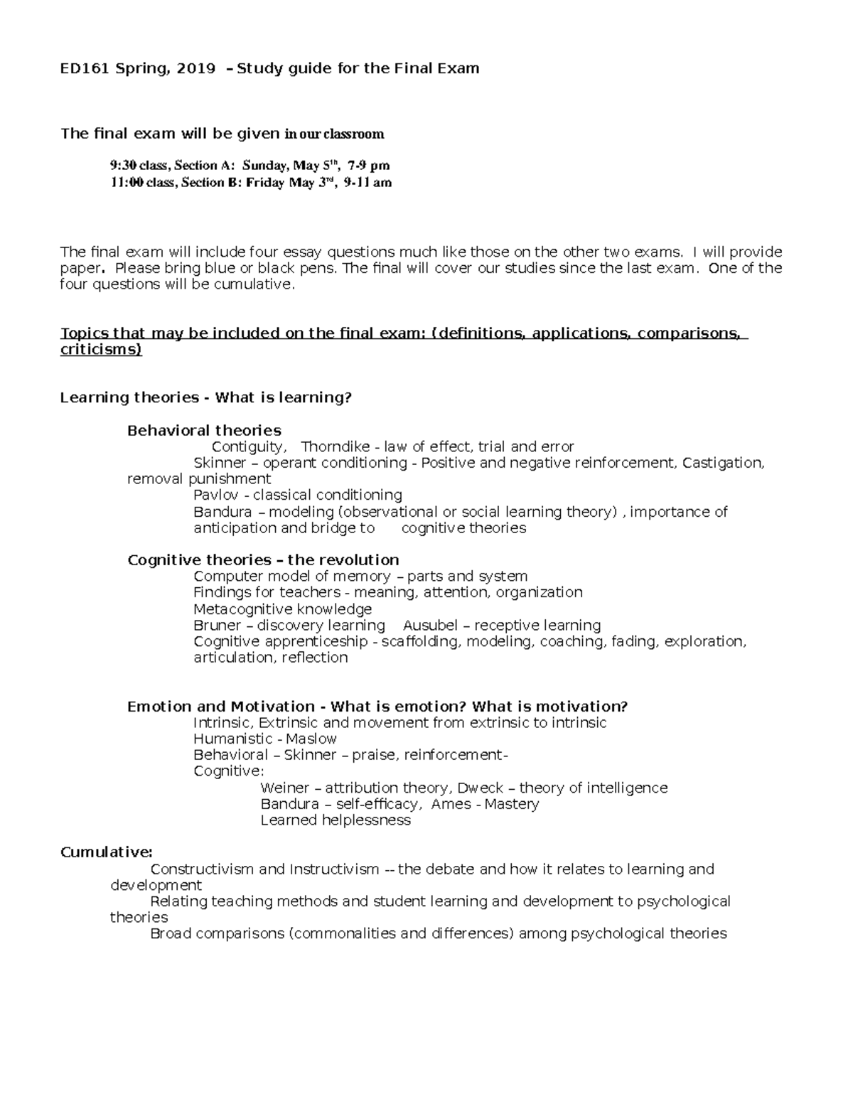 Study guide for the final f 19 - ED161 Spring, 2019 – Study guide for ...