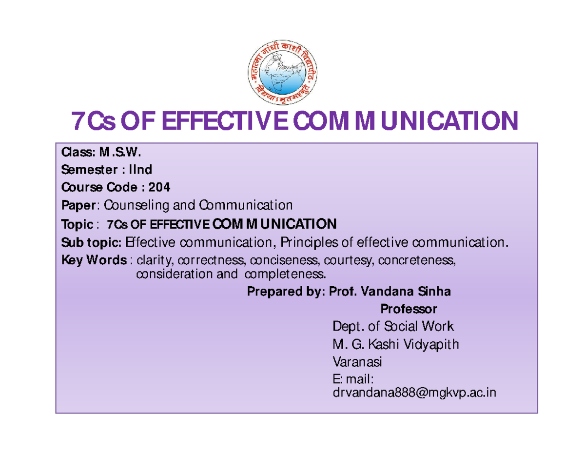 7Cs-english - Notes - 7Cs OF EFFECTIVE COMMUNICATION Class: M.S.W: M.S ...