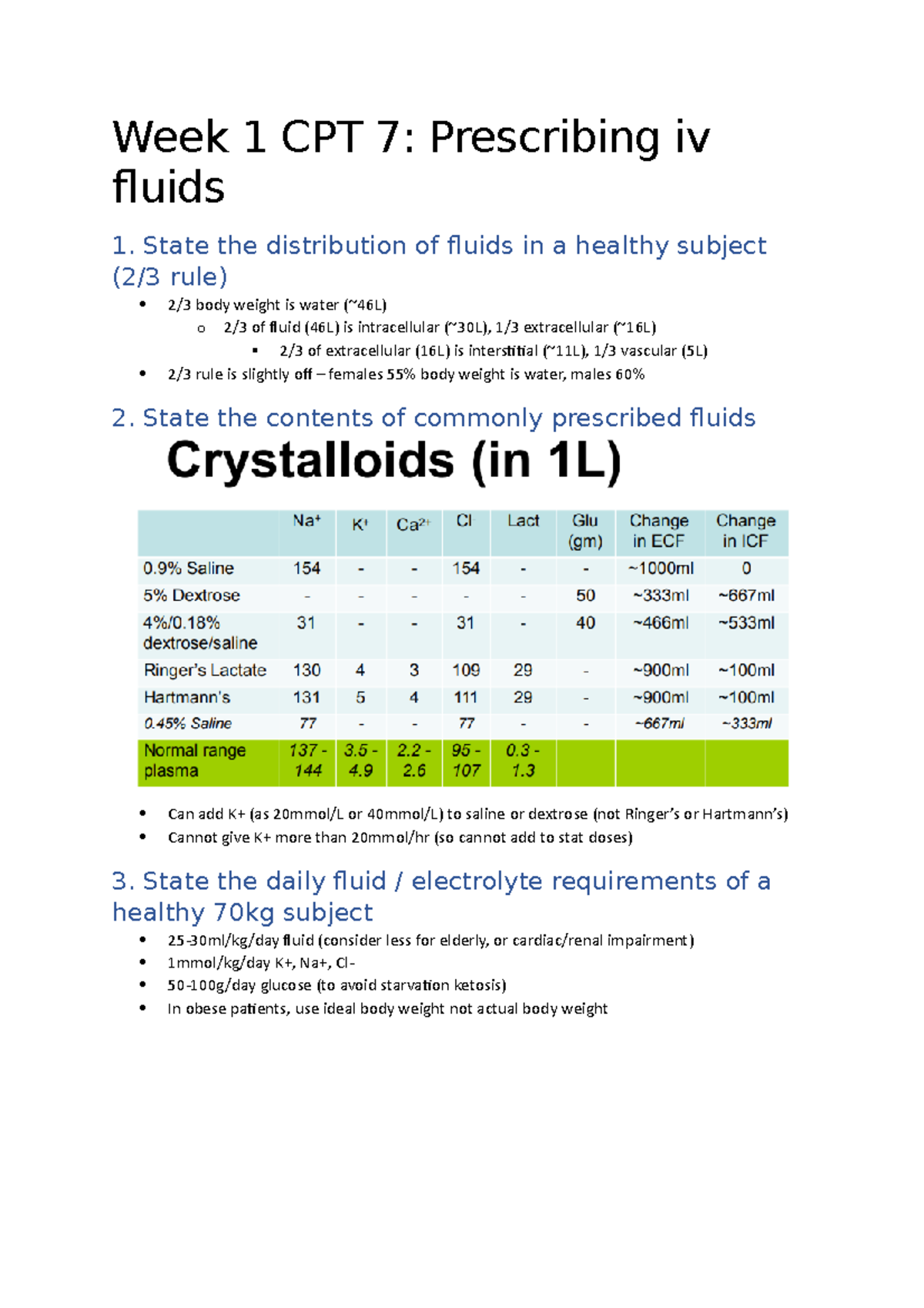 IV Fluids Week 1 CPT 7 Prescribing iv fluids 1. State the