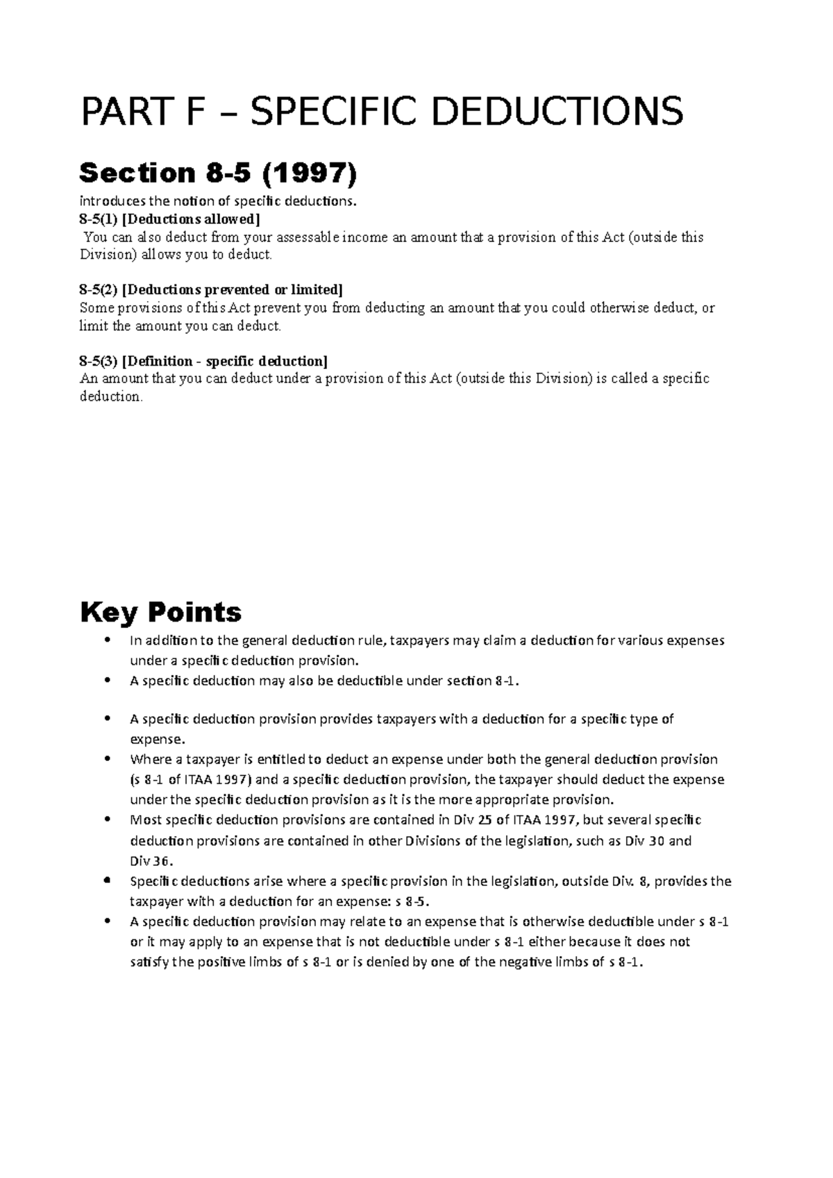 Topic F - Australian Taxation Specific Deductions - PART F SPECIFIC ...