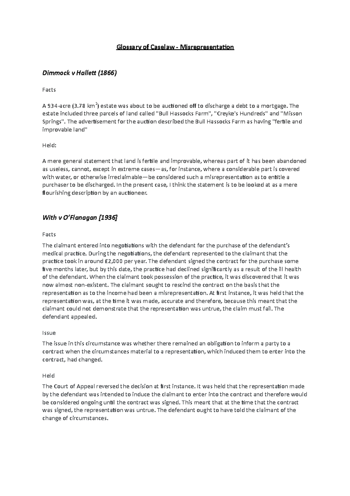 Glossary of Caselaw Misrepresentation Glossary of Caselaw