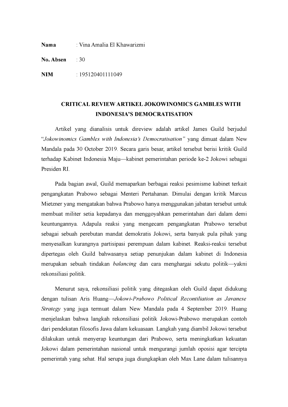 Critical Review Jokowi Semester 4 Undana - Nama : Vina Amalia El ...