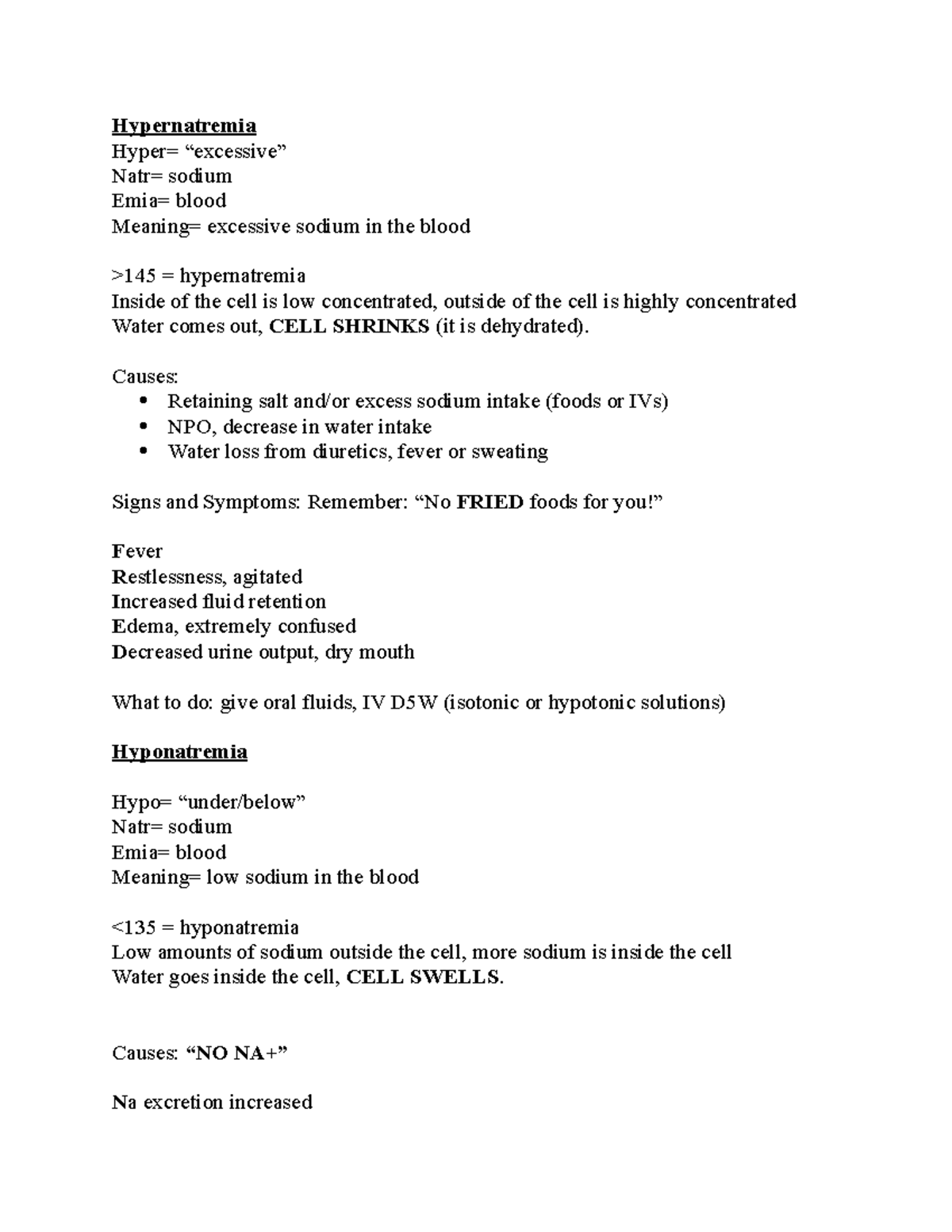 Electrolyte Imbalances Hypernatremia Hyper= “excessive” Natr= sodium Emia= blood Meaning
