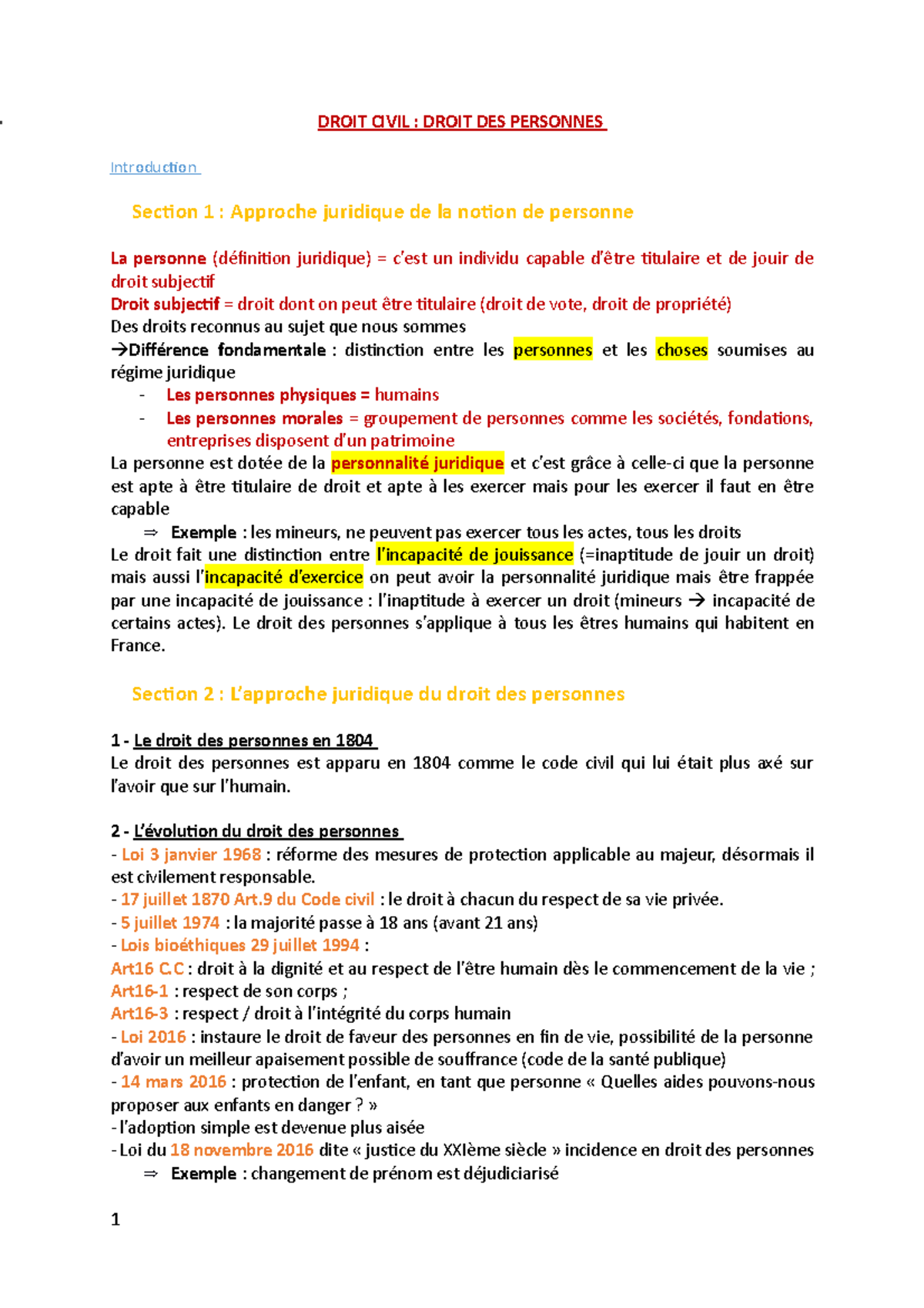 Cours Droit Civil - DROIT CIVIL : DROIT DES PERSONNES Introduction ...