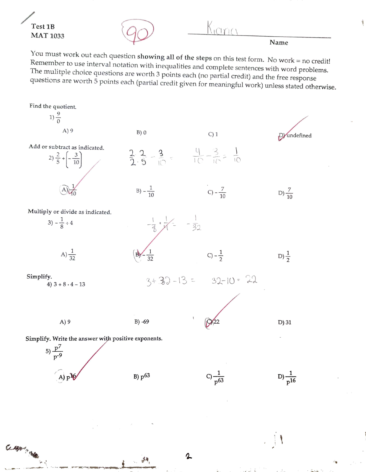 MAT-1033 - Results from Test 1 with answer to questions. - MAT 1033 ...