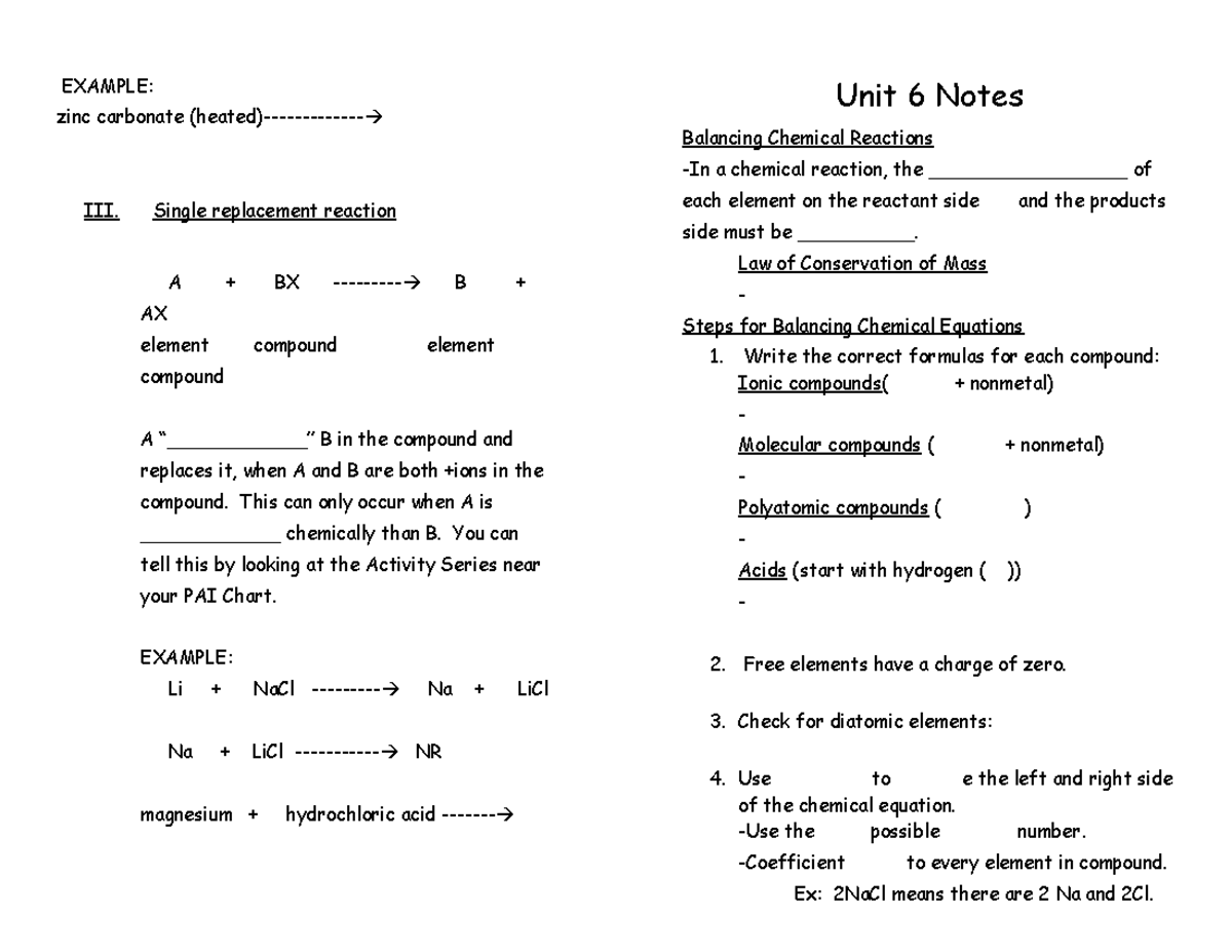 Lab Chemistry EXAMPLE zinc carbonate (heated) III. Single