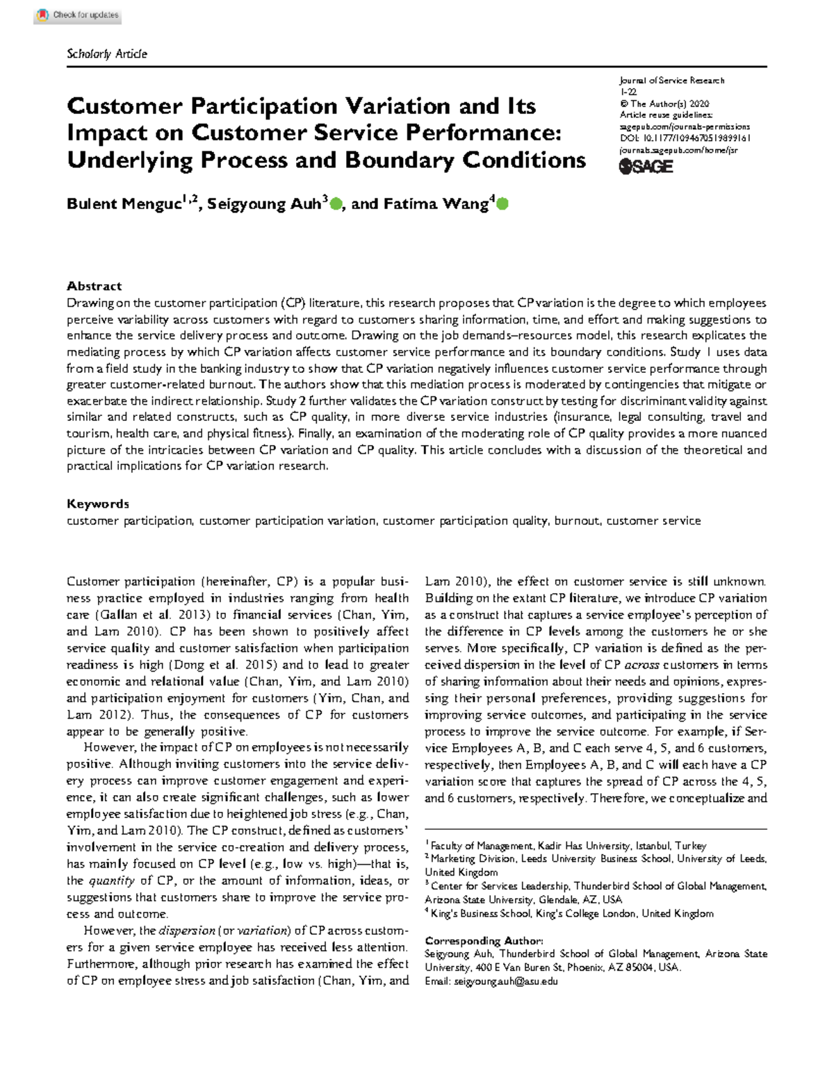 JSR 2020-Customer Participation Variation - Scholarly Article Customer  Participation Variation and - StuDocu