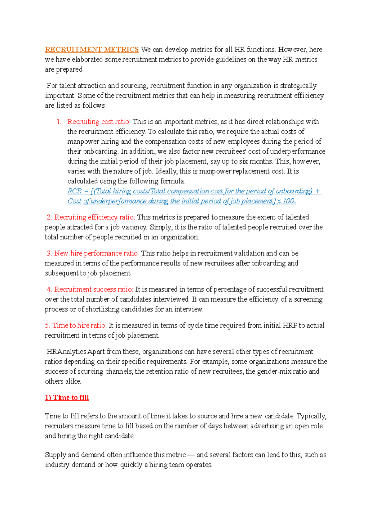 HRA unit 2 Notes - HR Analytics - RECRUITMENT METRICS We can develop ...
