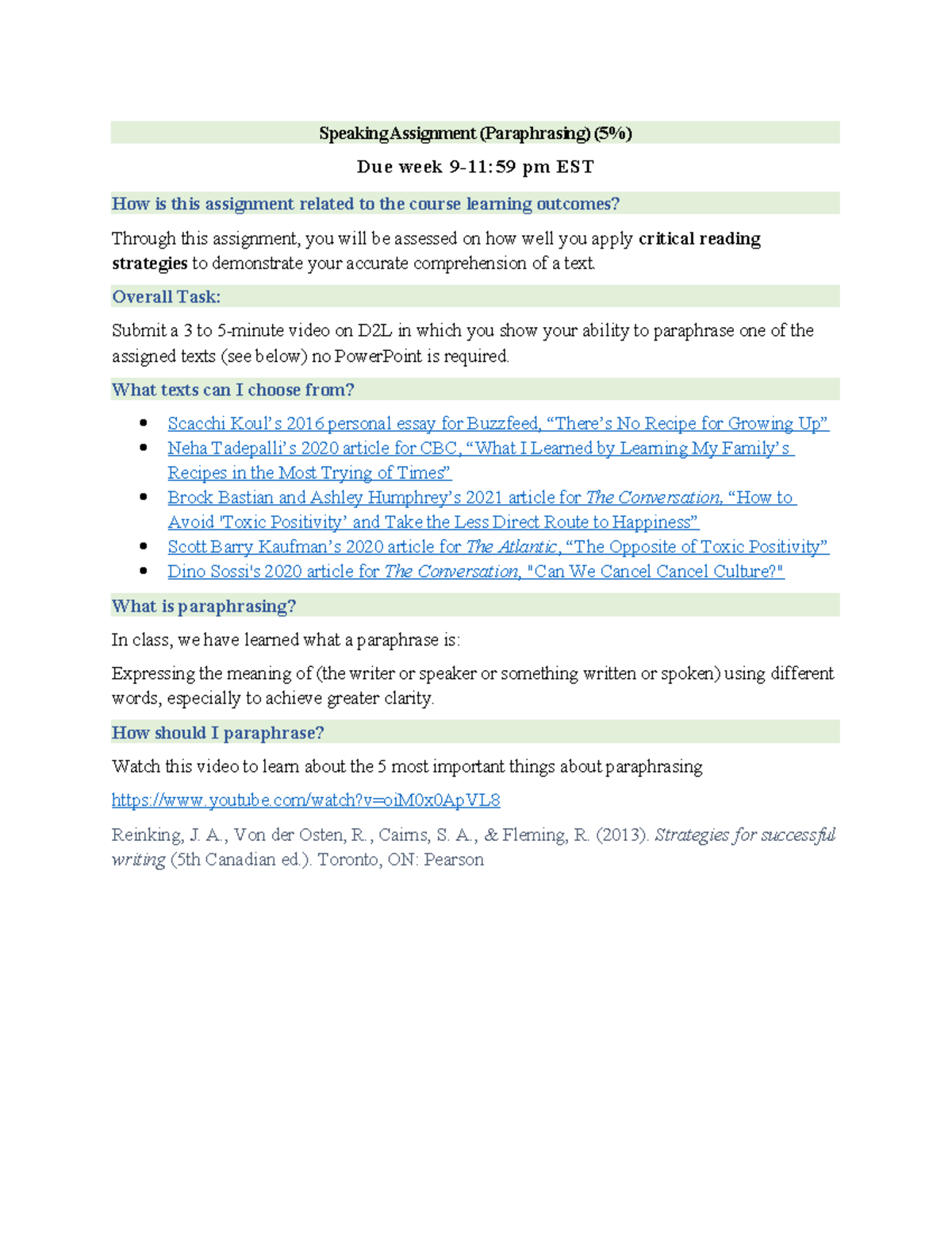 Paraphrasing 5 Video - Speaking Assignment (Paraphrasing) (5%) Due week ...