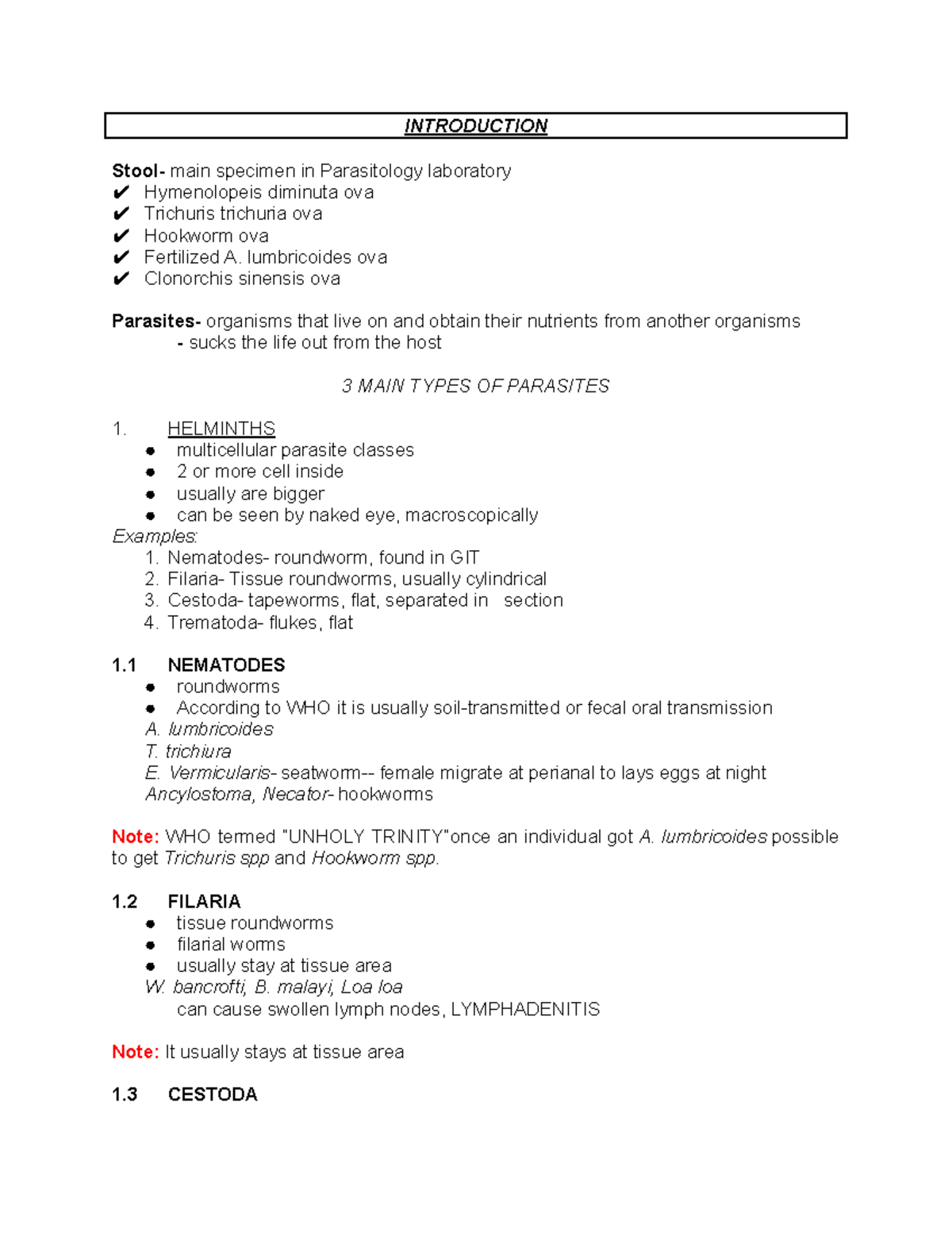 Clinical Parasitology LAB Notes 1 - INTRODUCTION Stool- main specimen ...