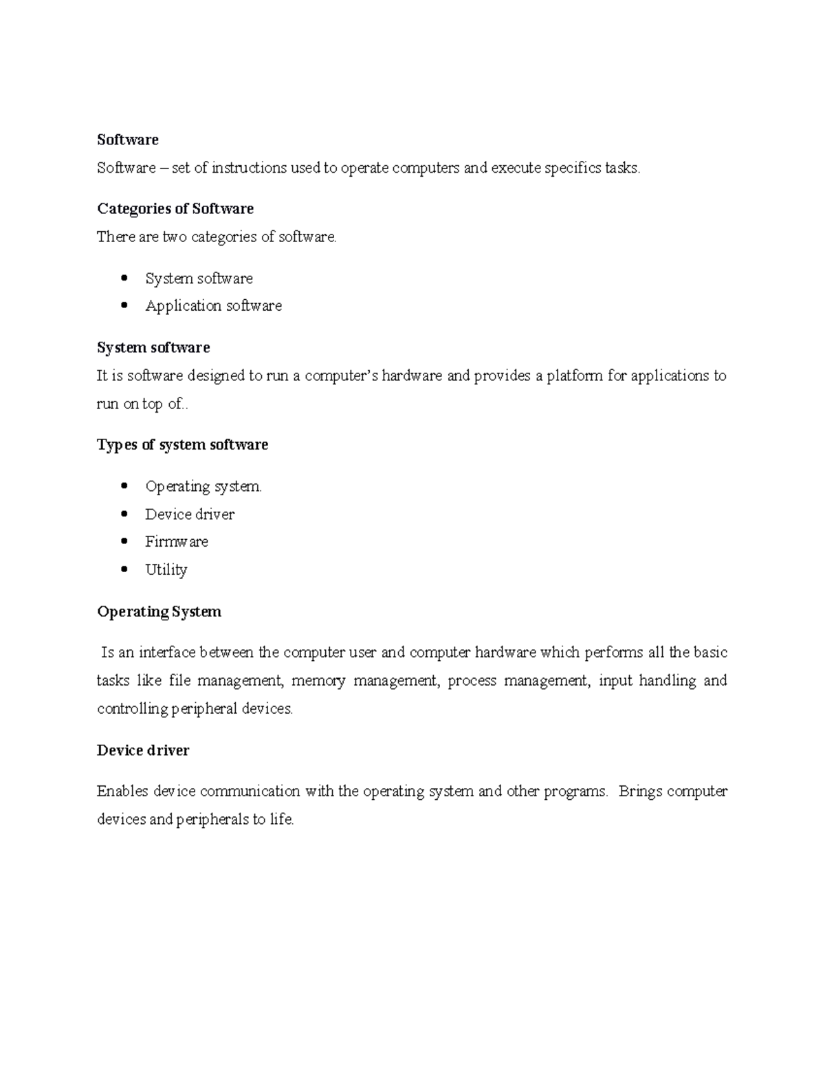 Software notes - Software Software – set of instructions used to ...
