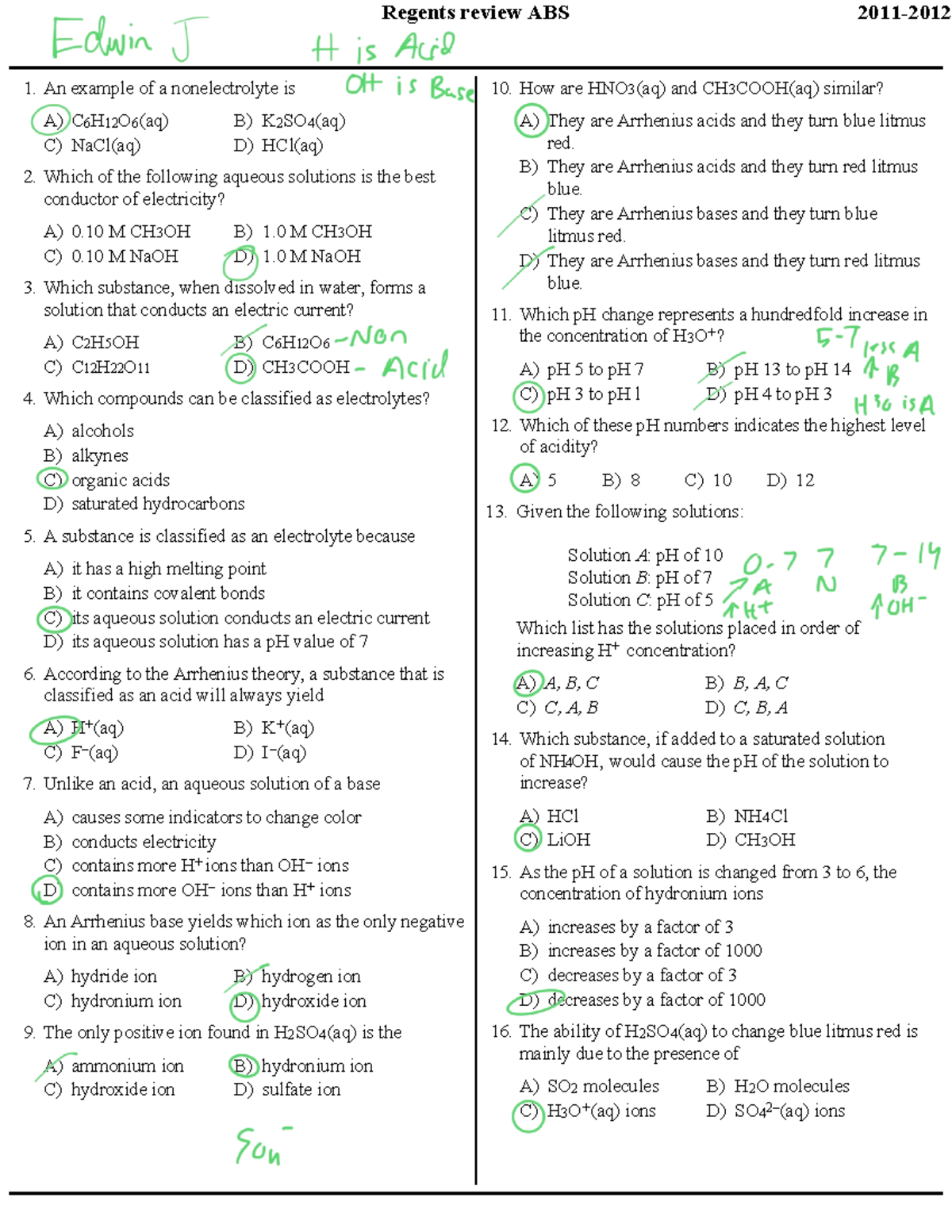 Regents review acids bases salts - Regents review ABS 2011- A) C 6 H 12 ...