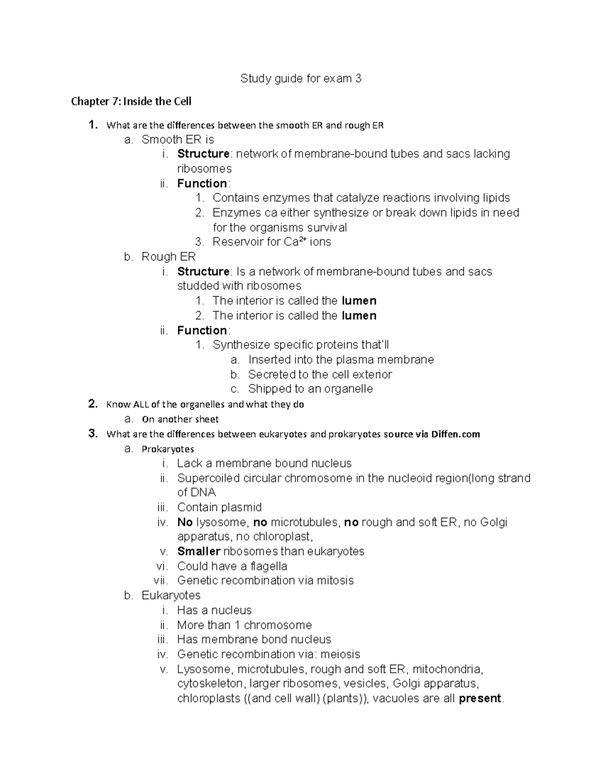 Study guide for exam 3 - What are the differences between the smooth ER ...
