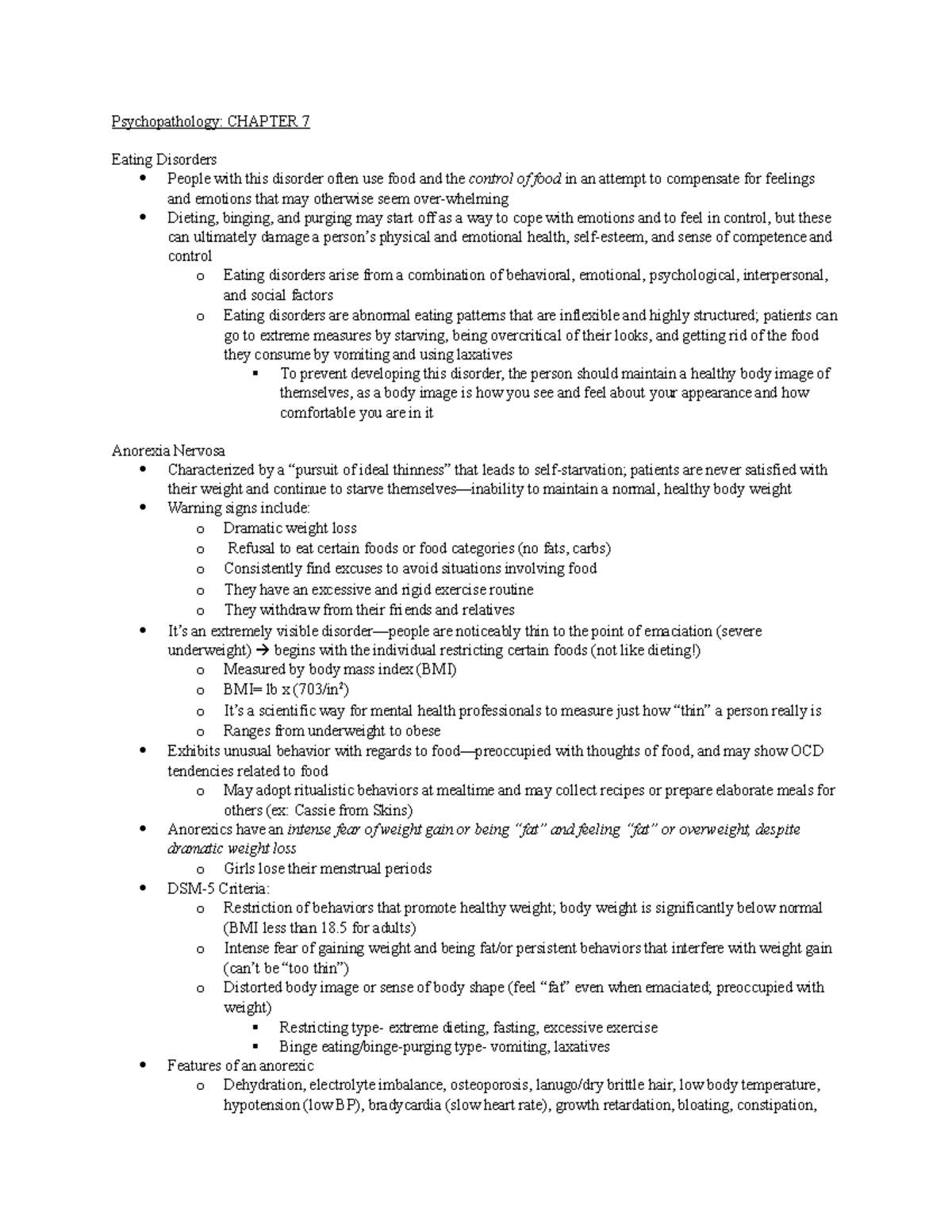 Outline- Chapter 7 - lecture 6 - Psychopathology: CHAPTER 7 Eating ...