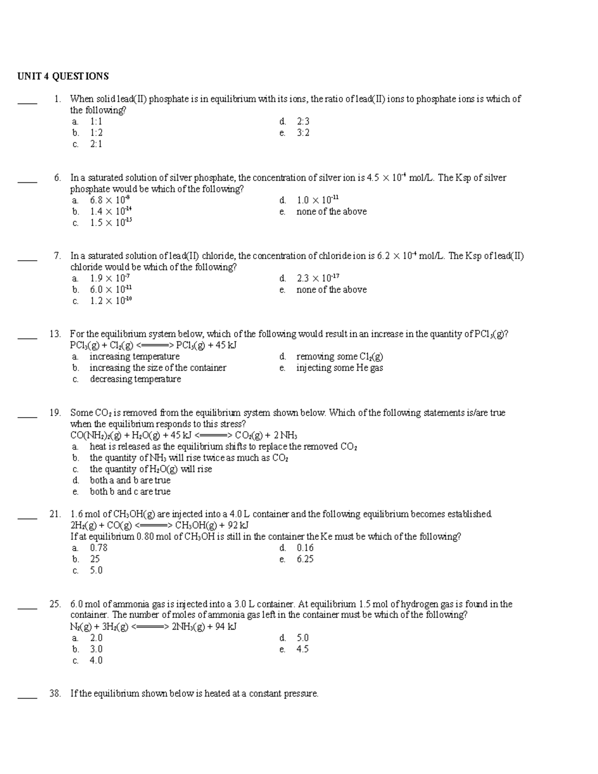 Equilibrium Multiple Choice Practice- SCH4U - UNIT 4 QUESTIONS ____ 1 ...