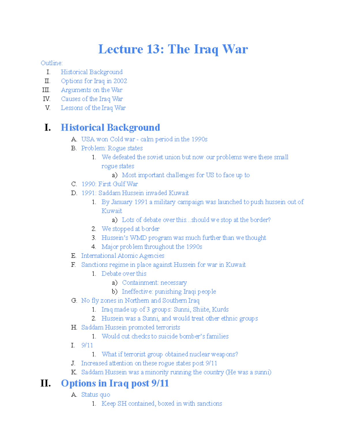 13 Road To Iraq - Matthew Kroenig - Lecture 13: The Iraq War Outline: I ...