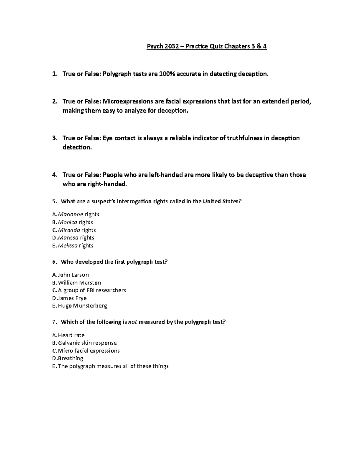 Psych 2032 Chapter 3 & 4 - Practice Quiz - Psych 2032 – Practice Quiz ...