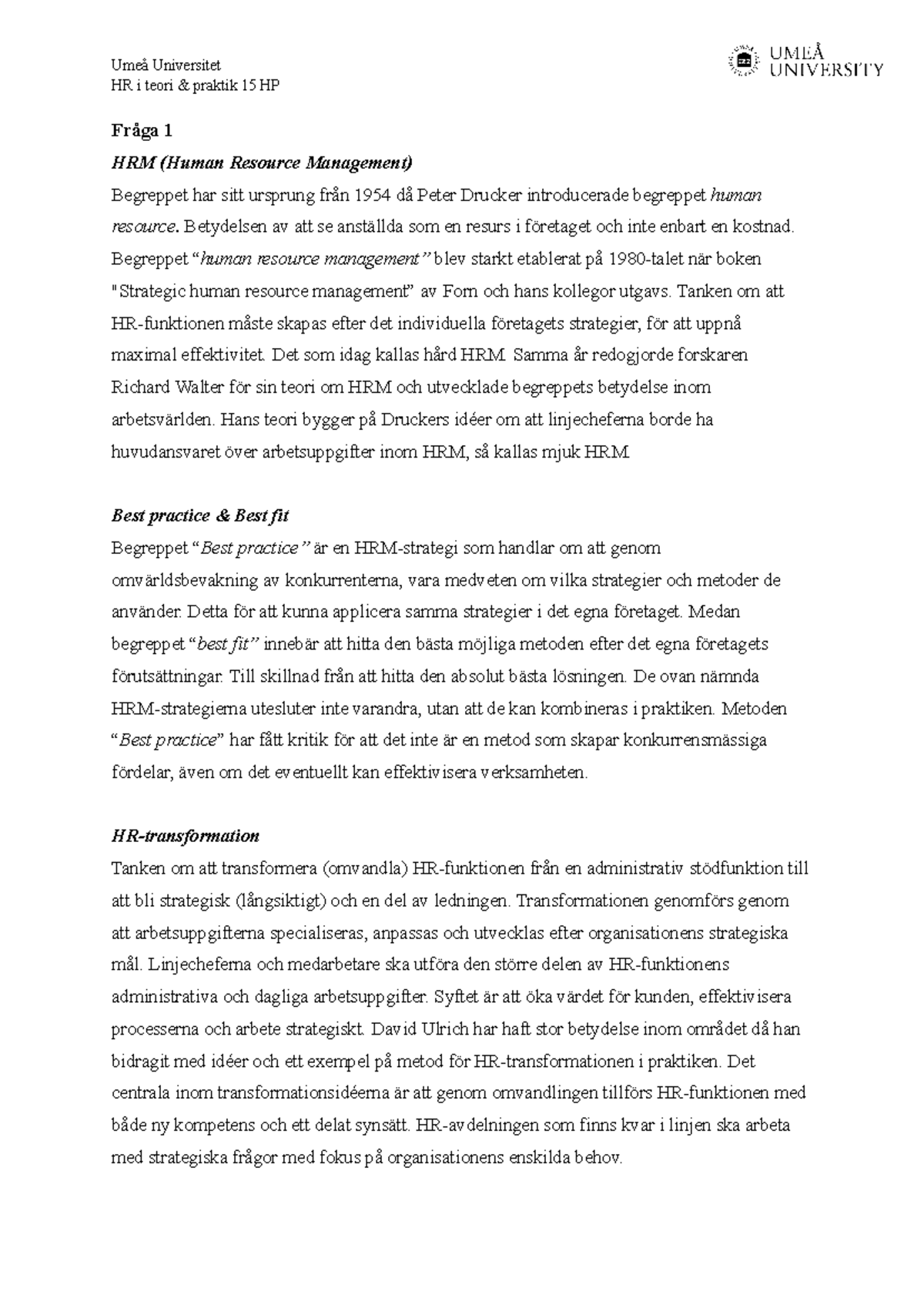 Hemtentamen - Tema 1 - Umeå Universitet HR I Teori & Praktik 15 HP ...