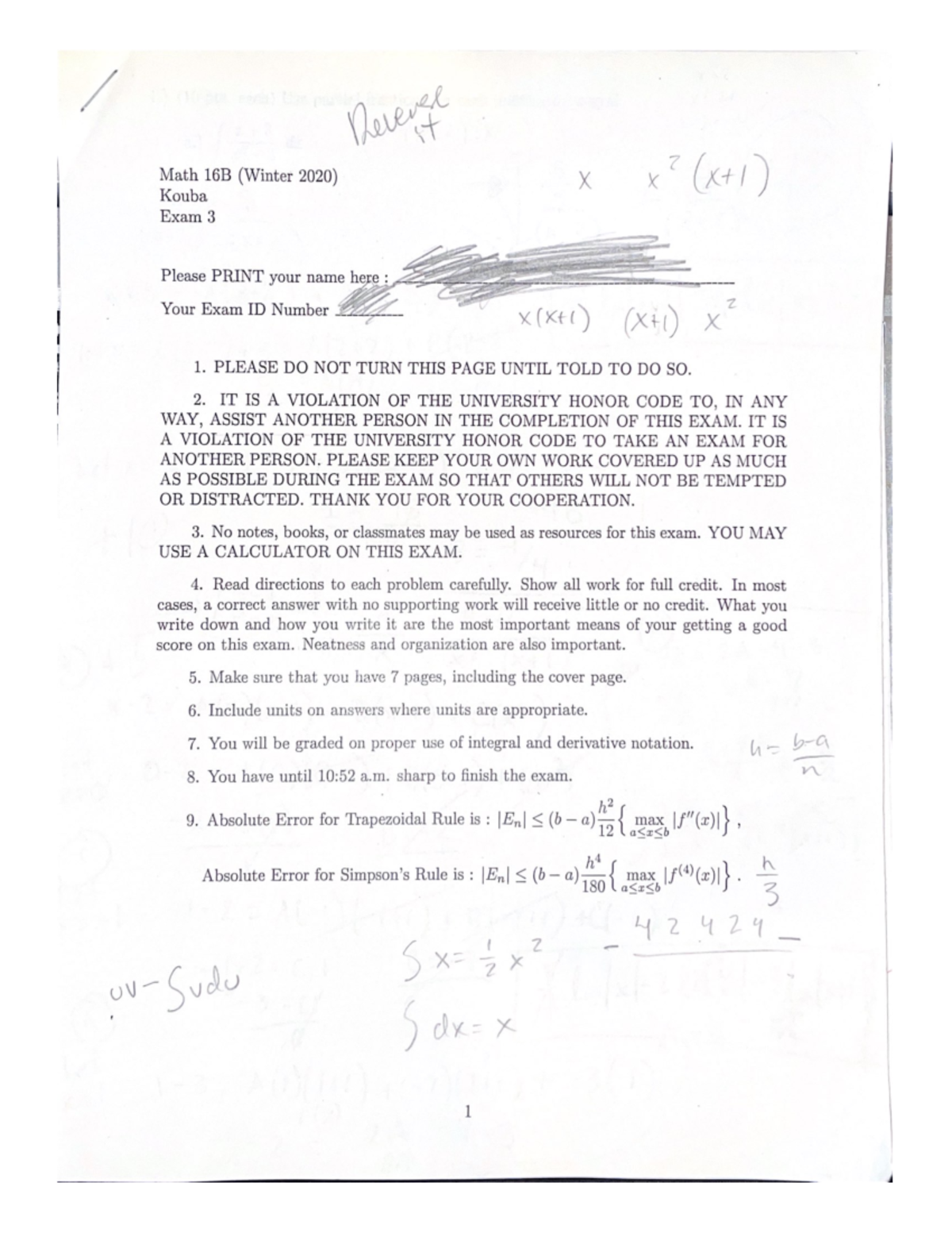 Math 16b Exam 3 - Professor Kouba, Practice exam with answers - 62565 ...