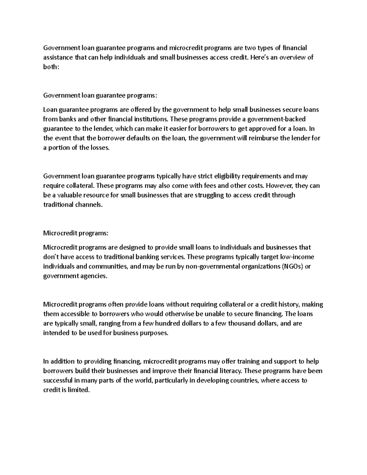 Discuss government loan guarantee and microcredit programs Government
