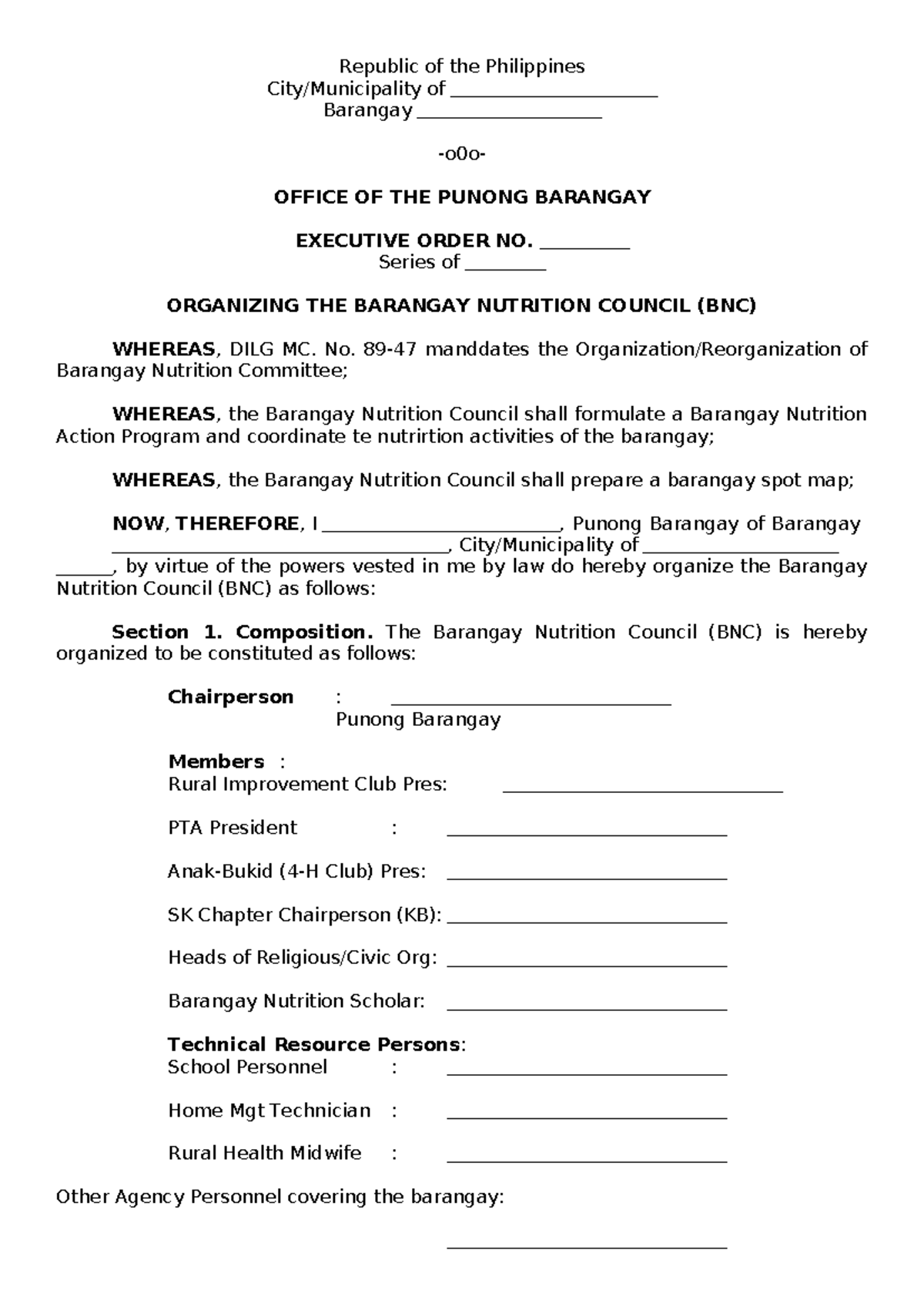 BNC - Republic of the Philippines City/Municipality of Barangay -o0o ...