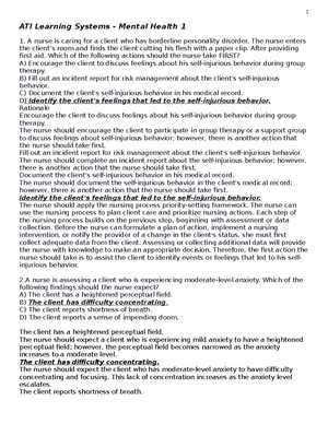 RN Learning System Mental Health Practice Quiz 1 - Also includes the ...
