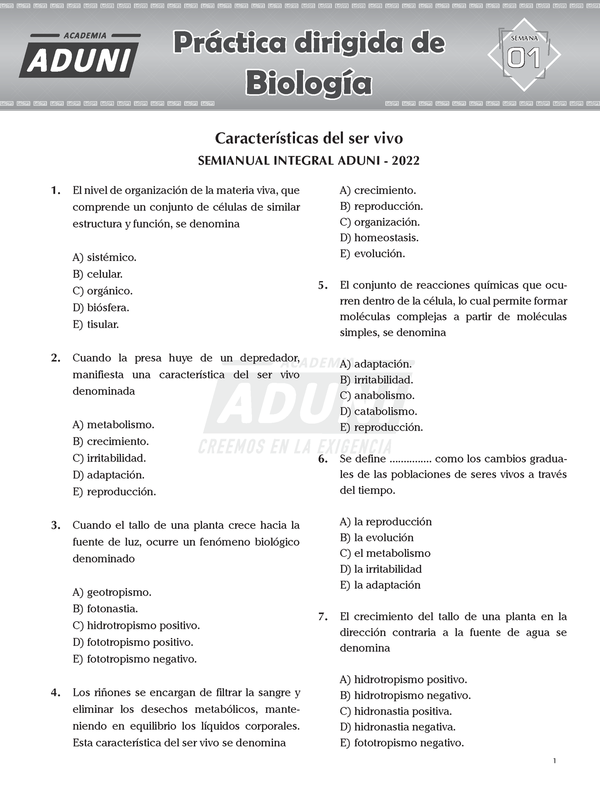 B Semianual Integral Dir Sem1 - Semianual Integral ADUNI Biología 1. El ...